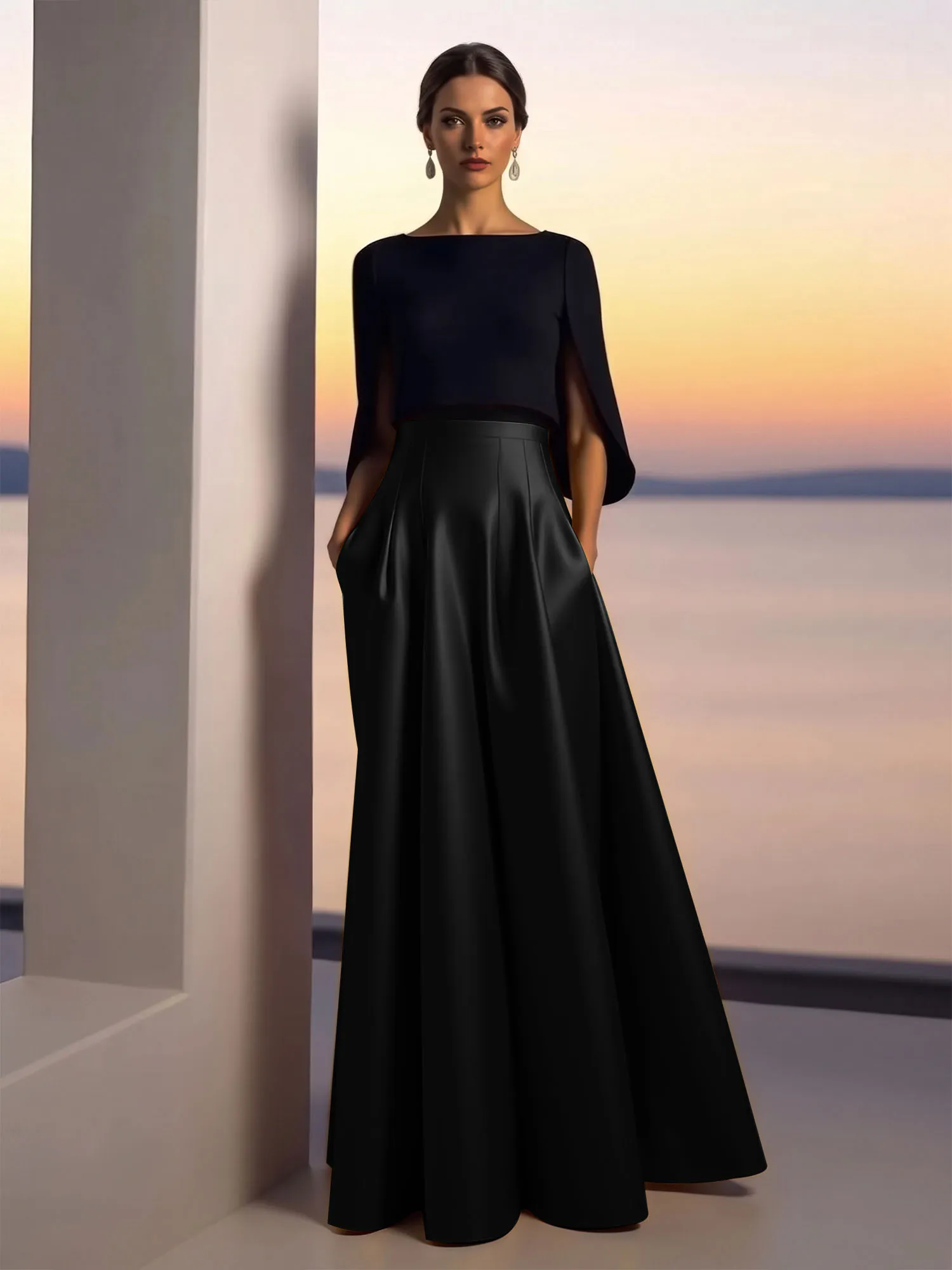 Two-Piece Cape Sleeve Satin Ball Gown Evening Dress