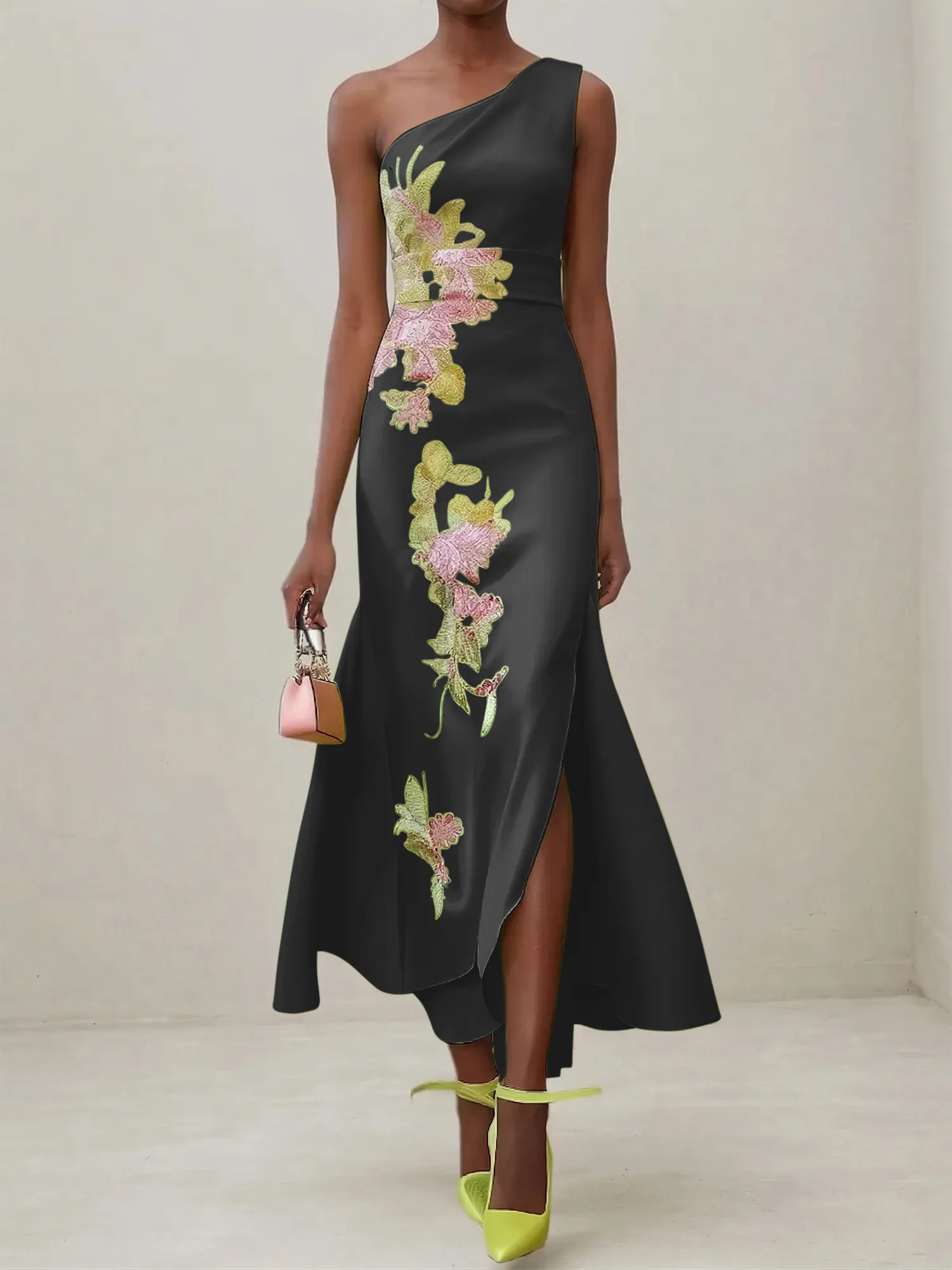Elegant One Shoulder Cap Sleeve Satin Midi Gown with Floral Embroidery & High Slit