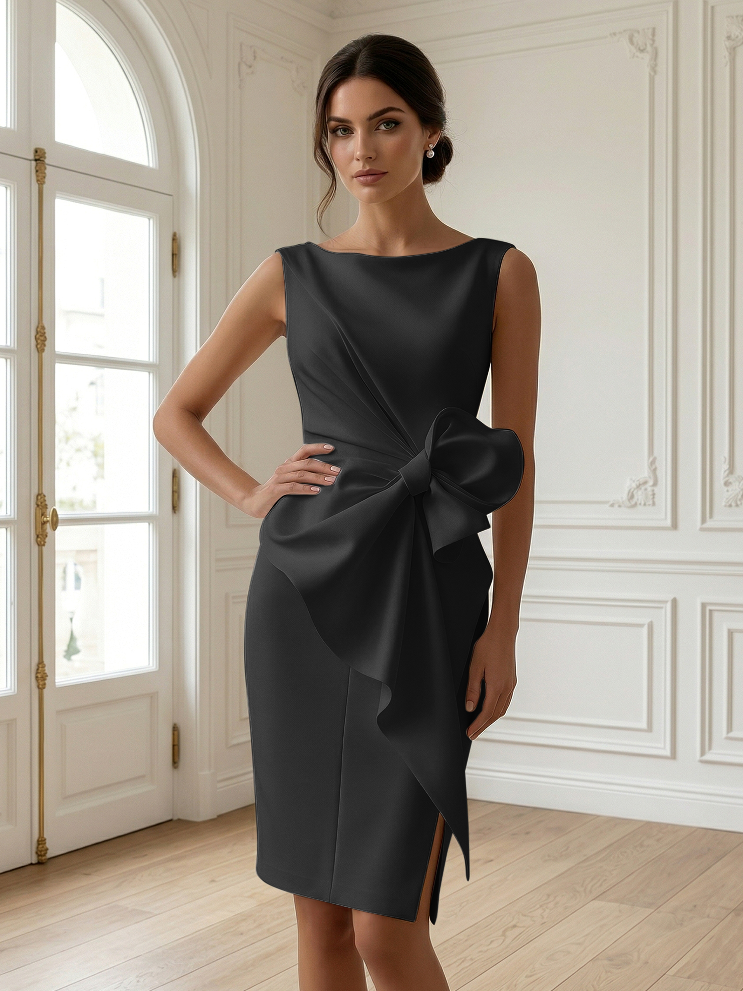 White 3D Bow Sleeveless Sheath Midi Dress Evening Gown