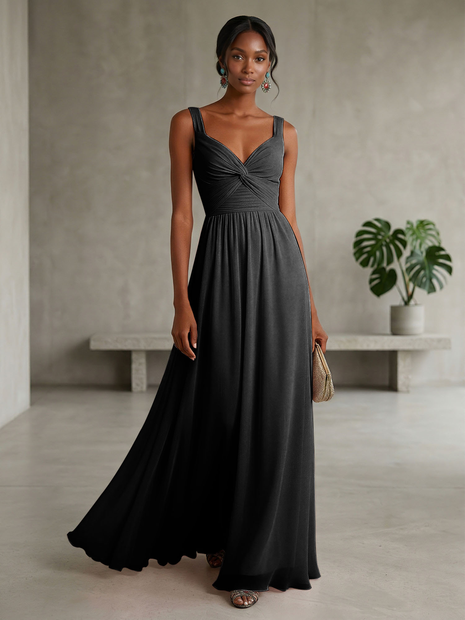 Elegant Soft Blush Twist-Front Chiffon Maxi Gown