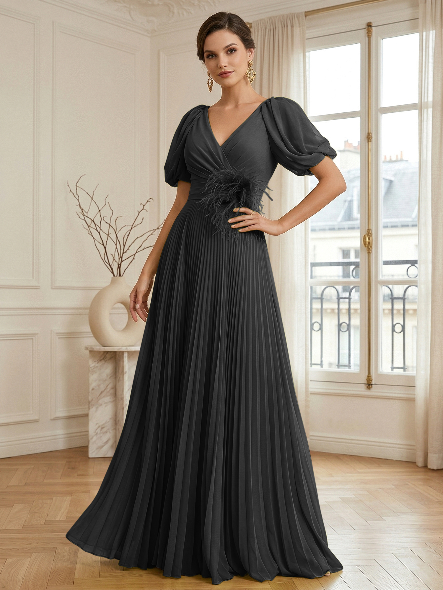 A-Line Chiffon Evening Gown with Feather V-Neck Short Sleeves Formal Dress