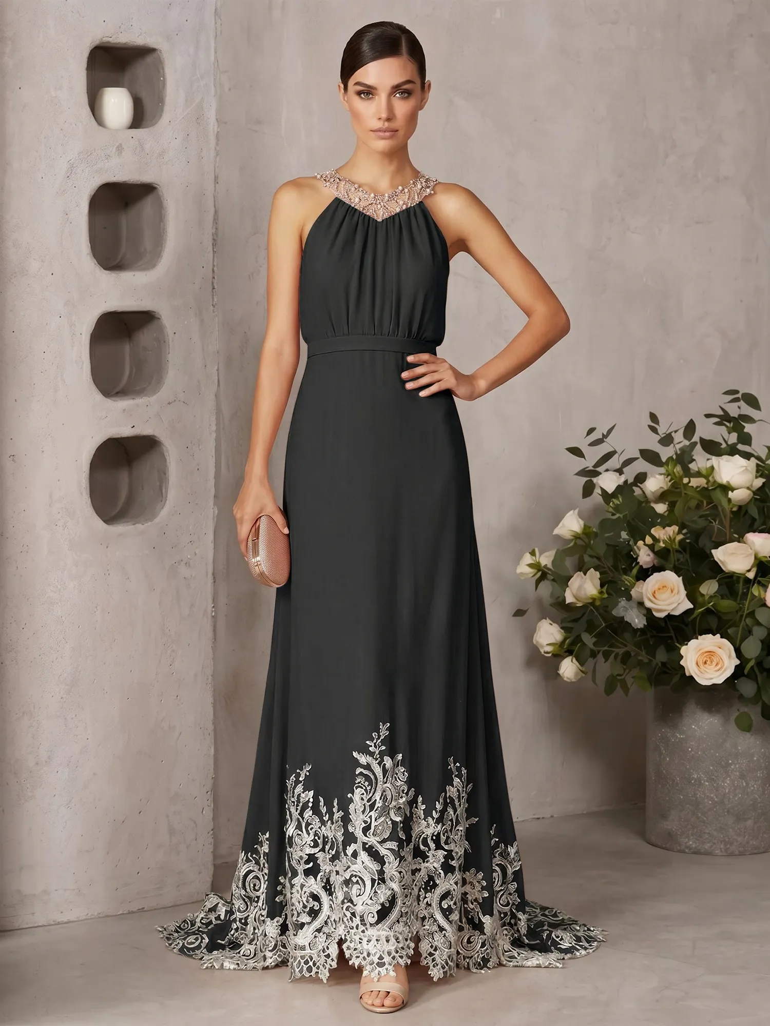 Halter Neck Beaded Chiffon Gown with Lace Hem