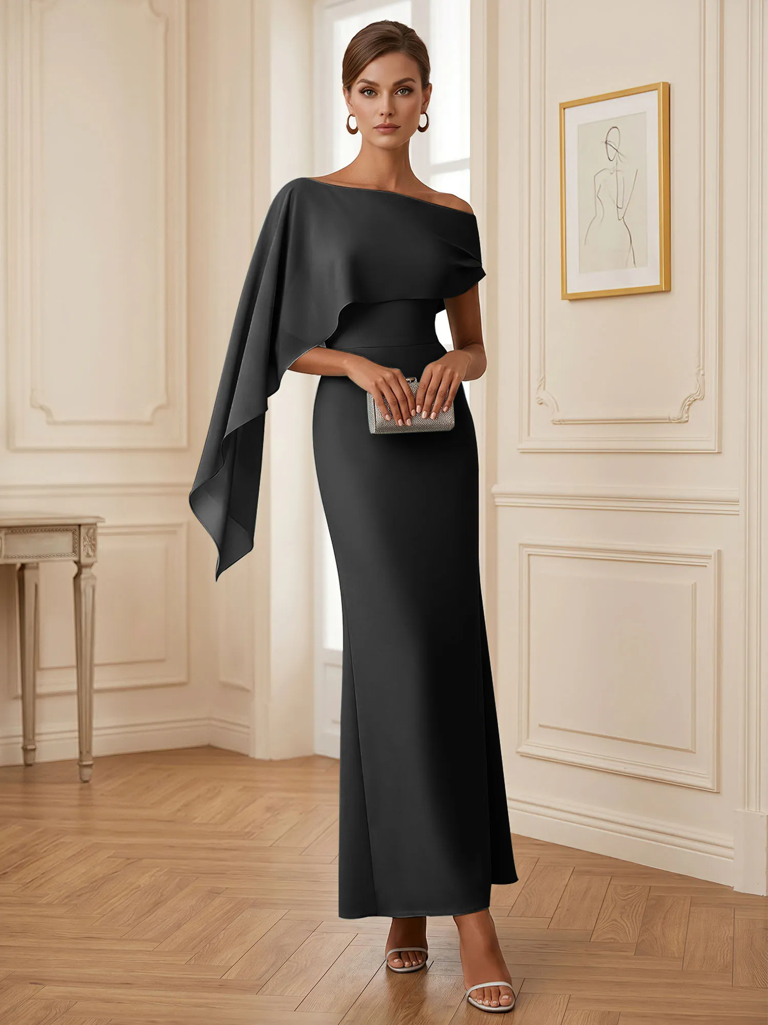 One-Shoulder Chiffon Overlay Mermaid Evening Gown