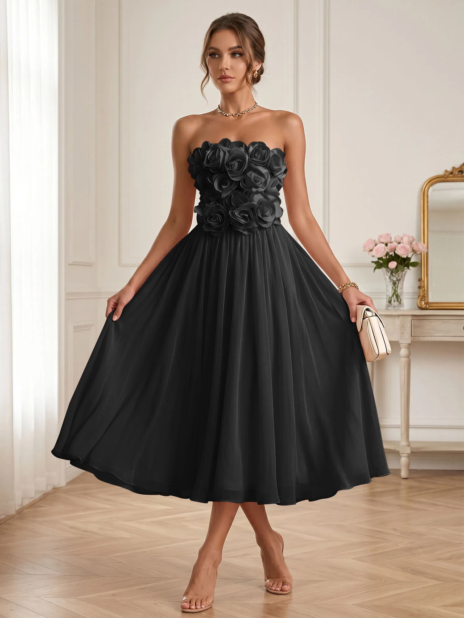 Strapless 3D Floral Chiffon A-Line Midi Formal Dress