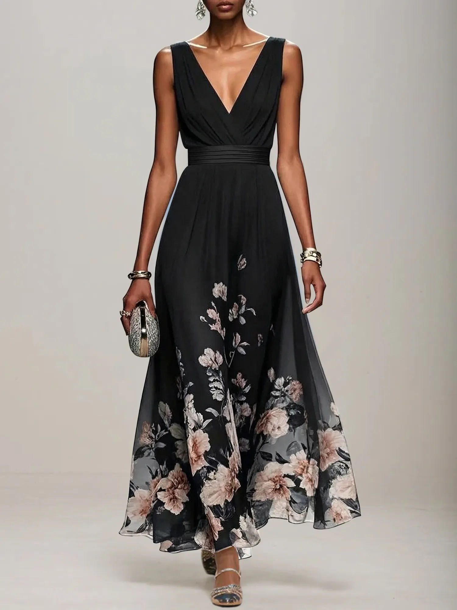V-Neck Floral Print Chiffon Maxi Evening Dress with Satin Waist Bow