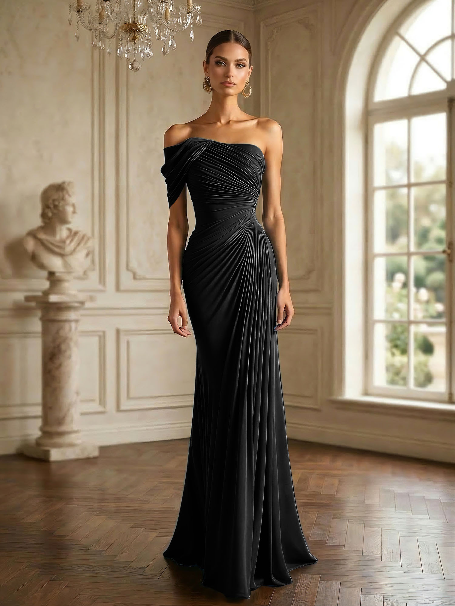 One Shoulder Pleat Mermaid Chiffon Evening Dresses for Women Gown