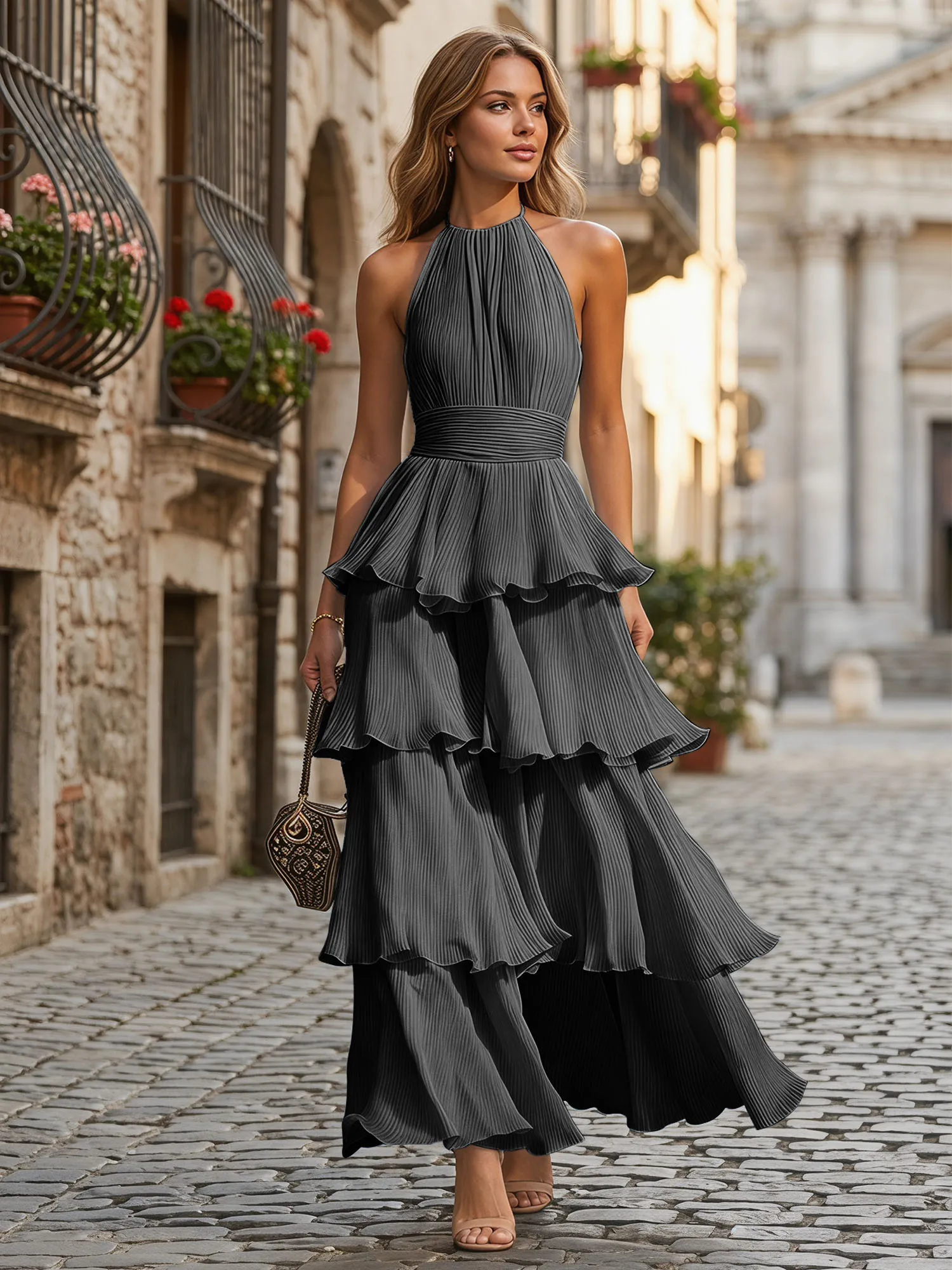 A Line Halter Neck Tiered Ruffle Chiffon Evening Dress