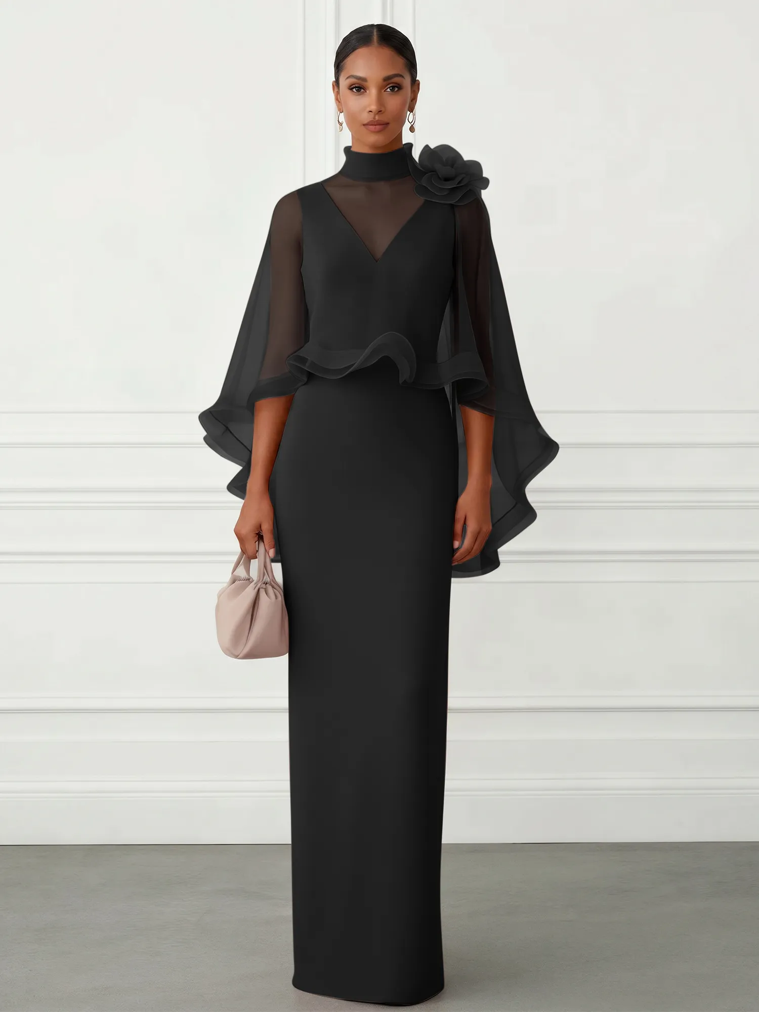 High-Neck Chiffon Cape Sleeve Sheath Evening Gown