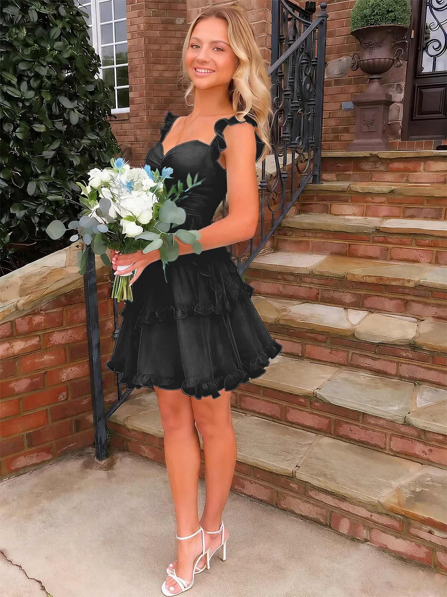 A Line Ruffled Tiered Chiffon Homecoming Dress with Lace-Up Back