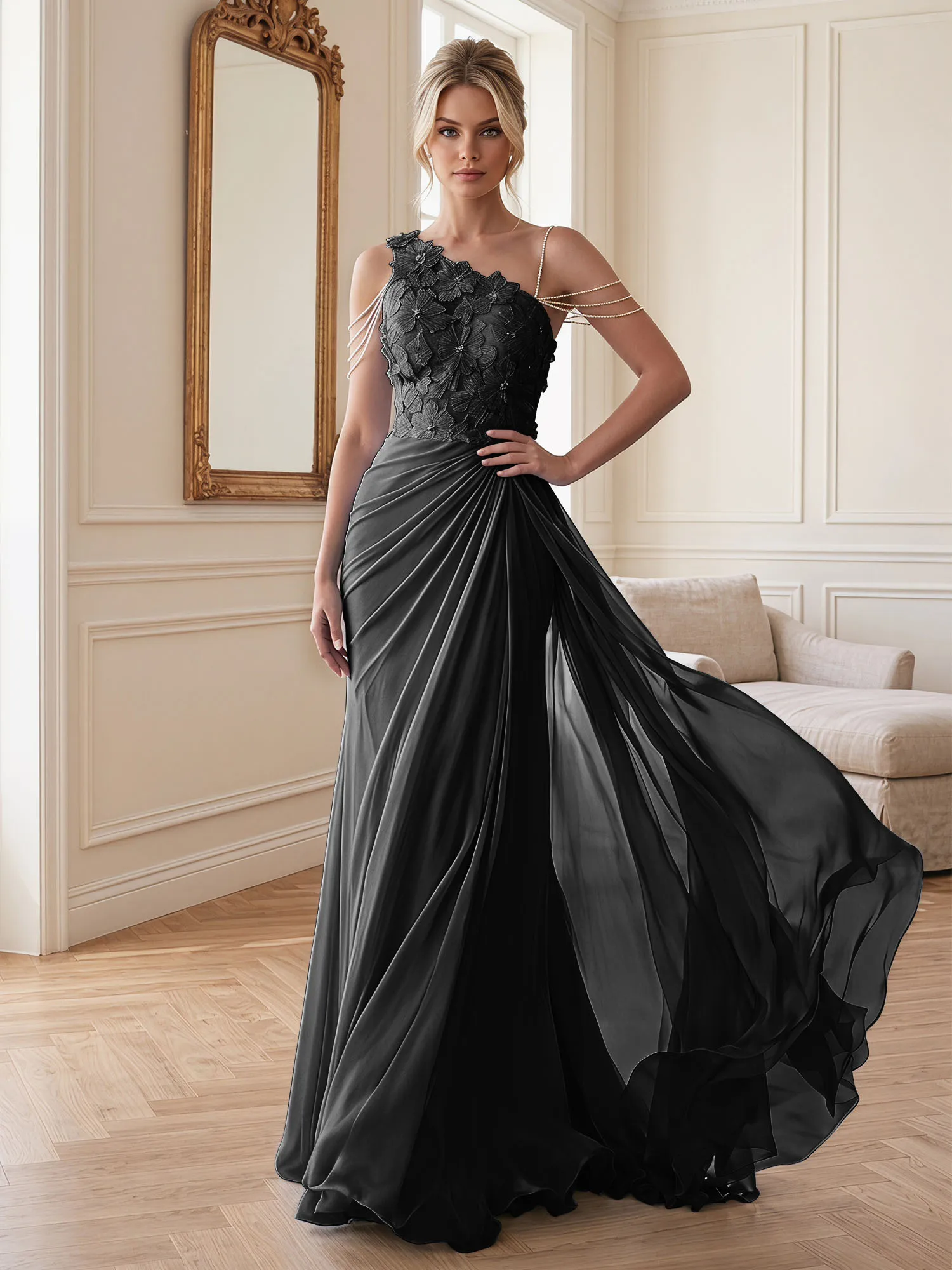 One-Shoulder Floral Lace Chiffon Evening Gown