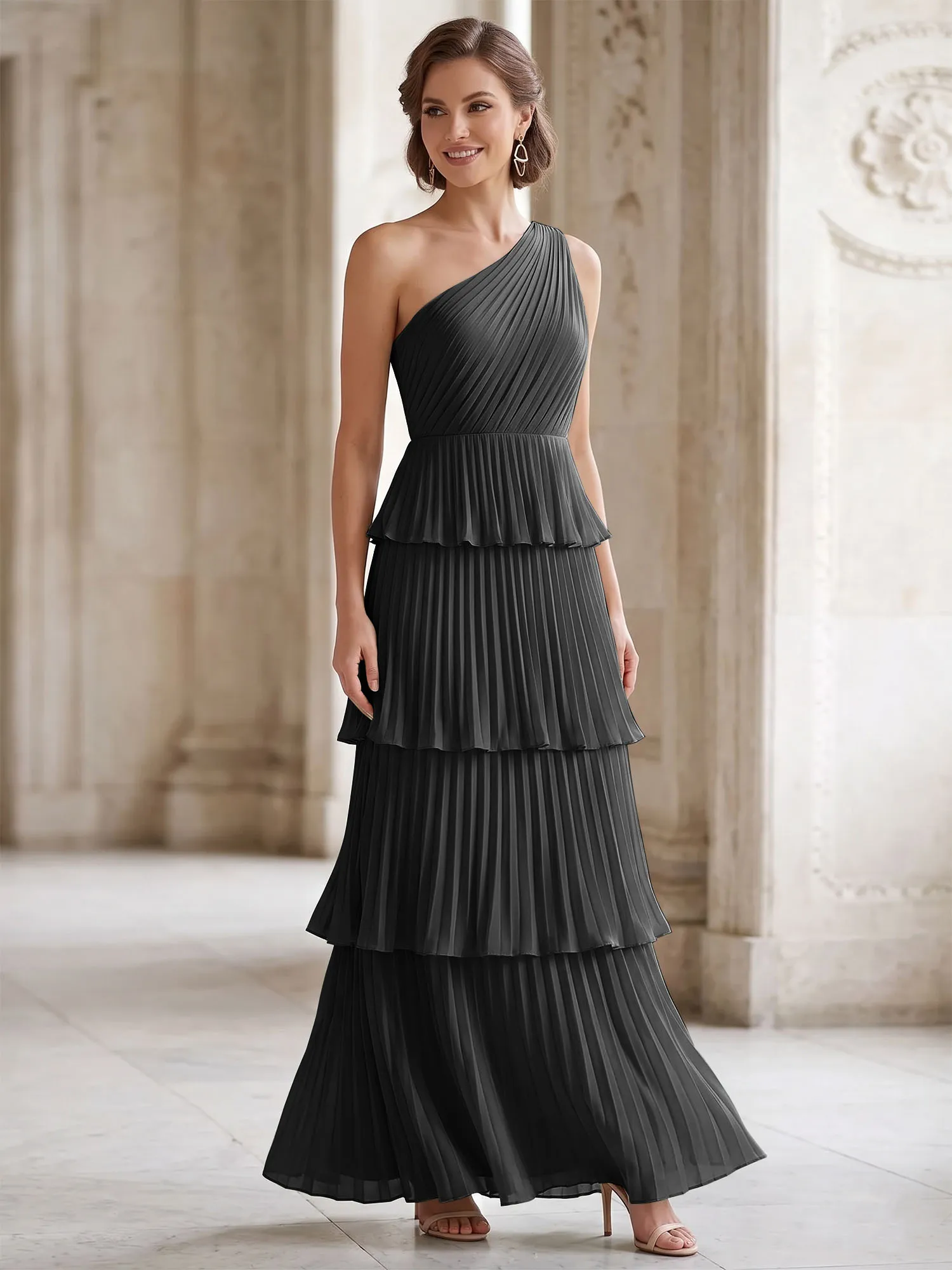 One-Shoulder Tiered Pleated Chiffon Evening Gown