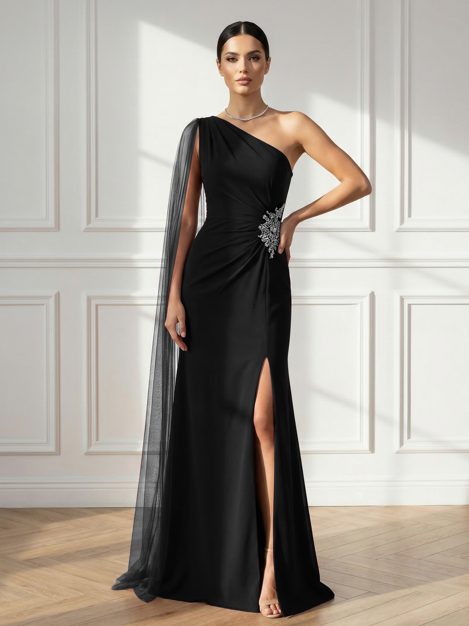 Formal Evening Dress Burgundy One Shoulder Slit Maxi Dress Gown