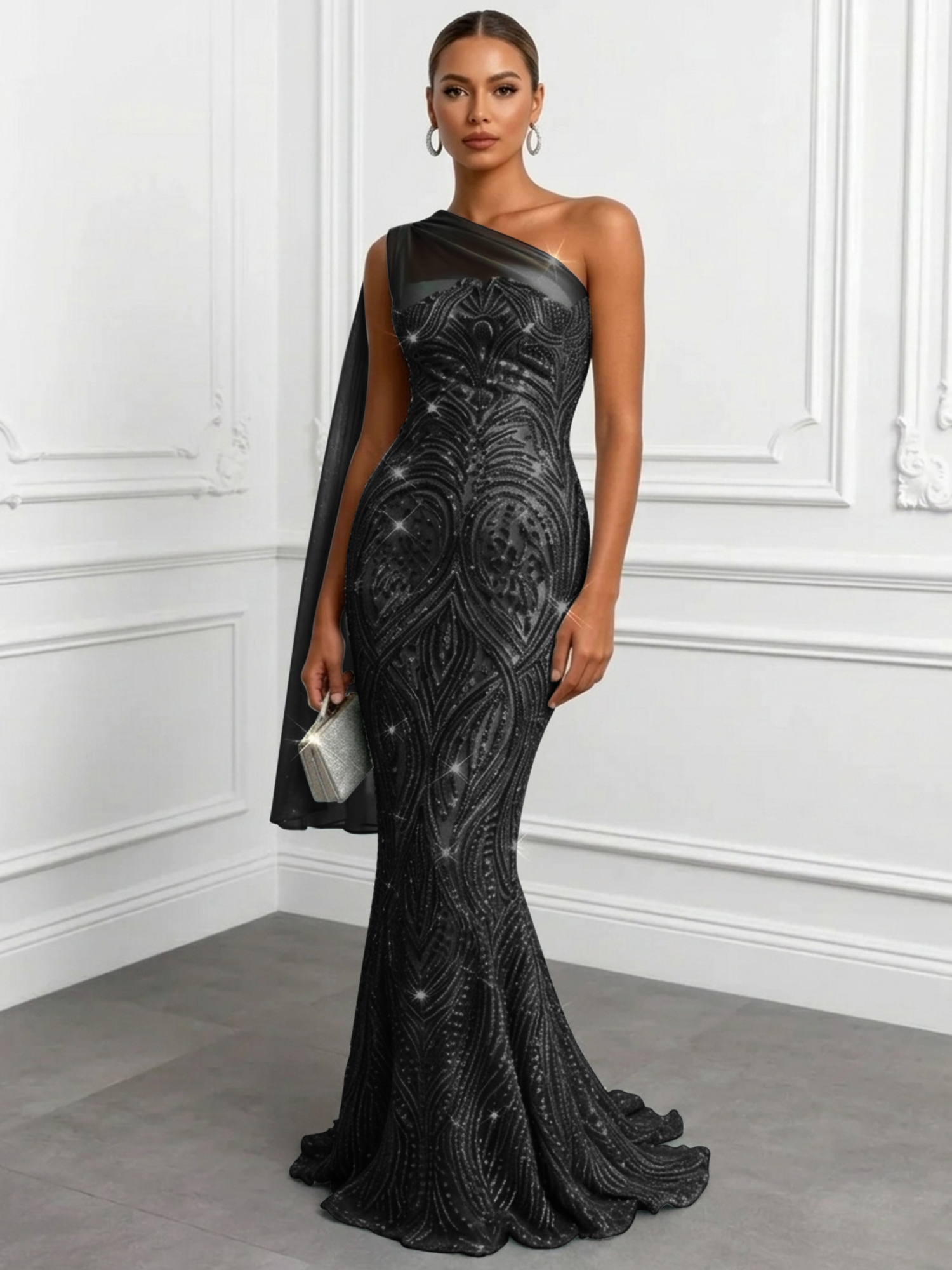 Shimmering Sage One-Shoulder Sequin Mermaid Evening Dress