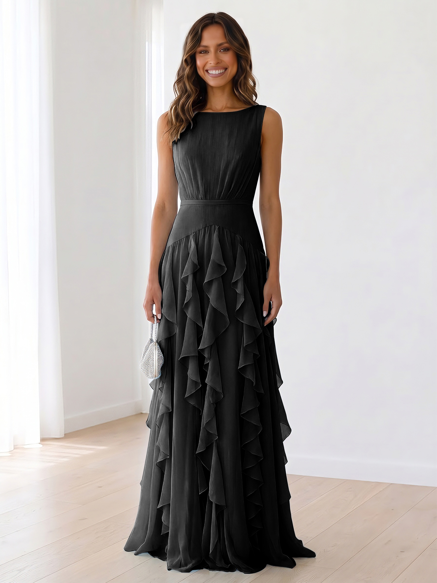 Ethereal Powder Blue Cascading Ruffle Maxi Formal Evening Dress