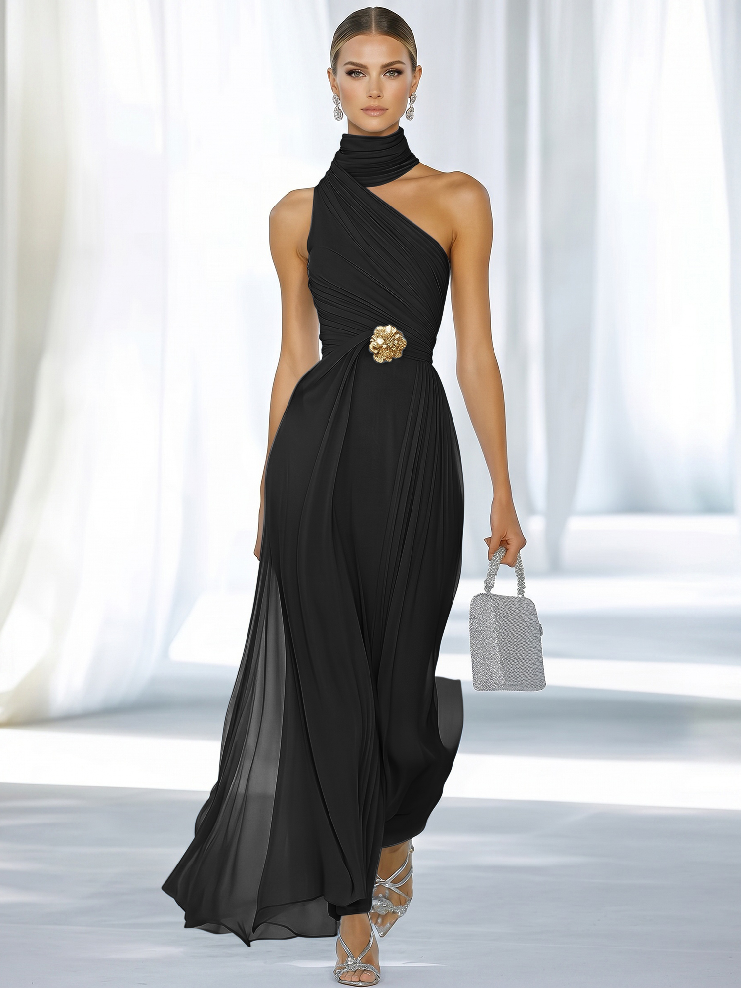 Sky Blue Pleated Chiffon Halter Strapless Formal Evening Dress