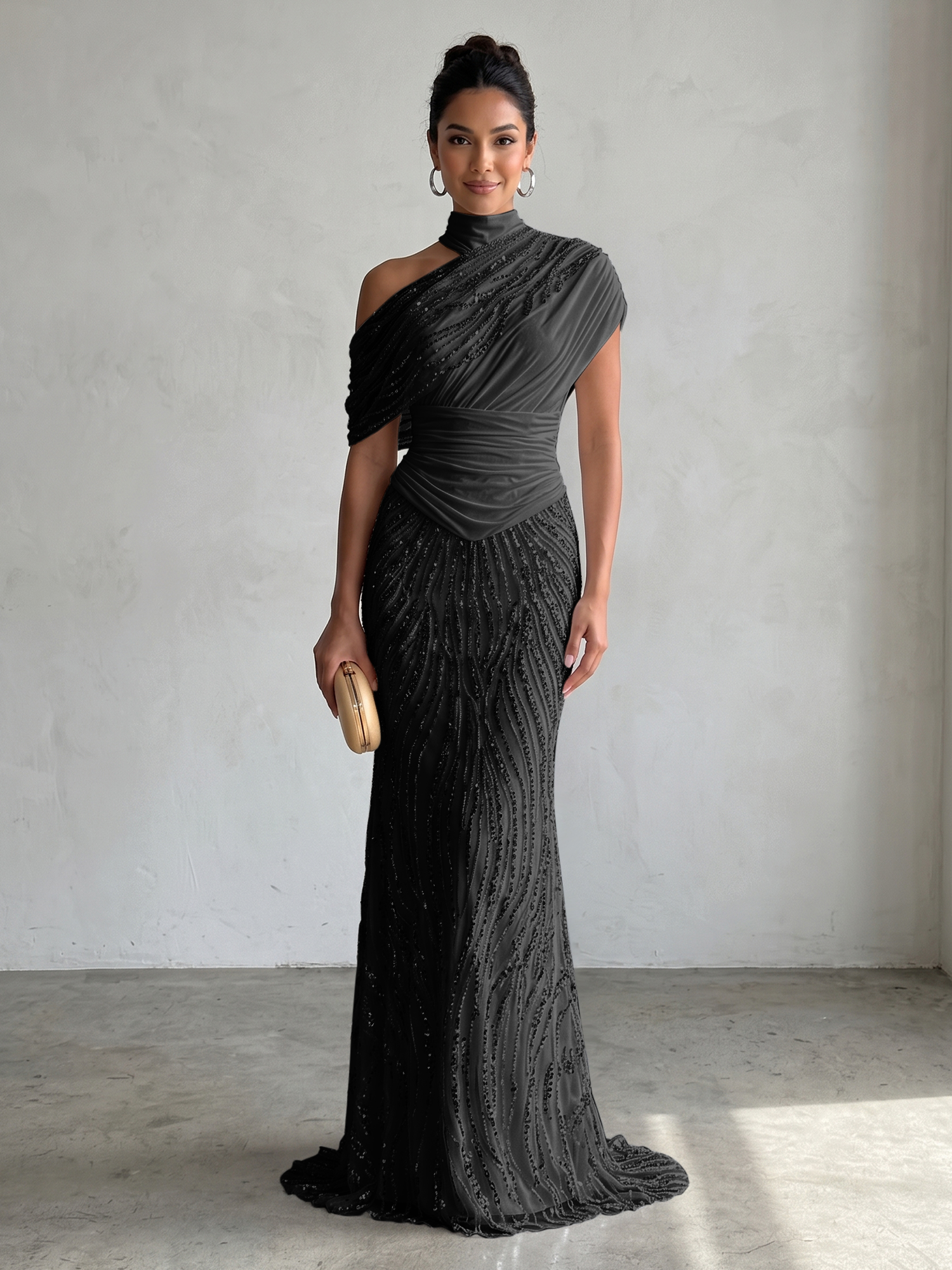 Ethereal White Beaded High-Neck Draped Sheath Formal Evening Dress