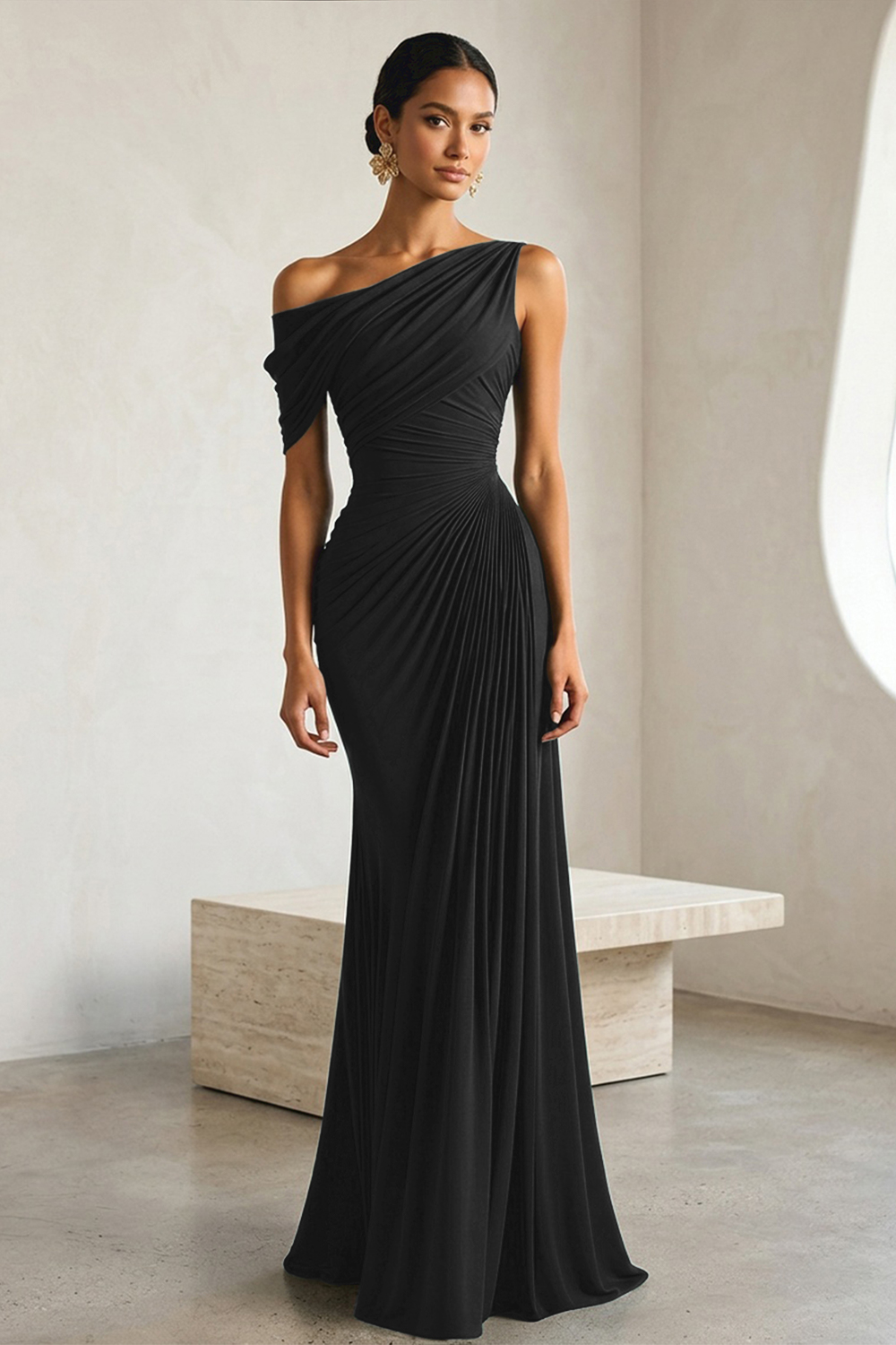 Timeless Black Architectural One-Shoulder Sheath Evening Gown