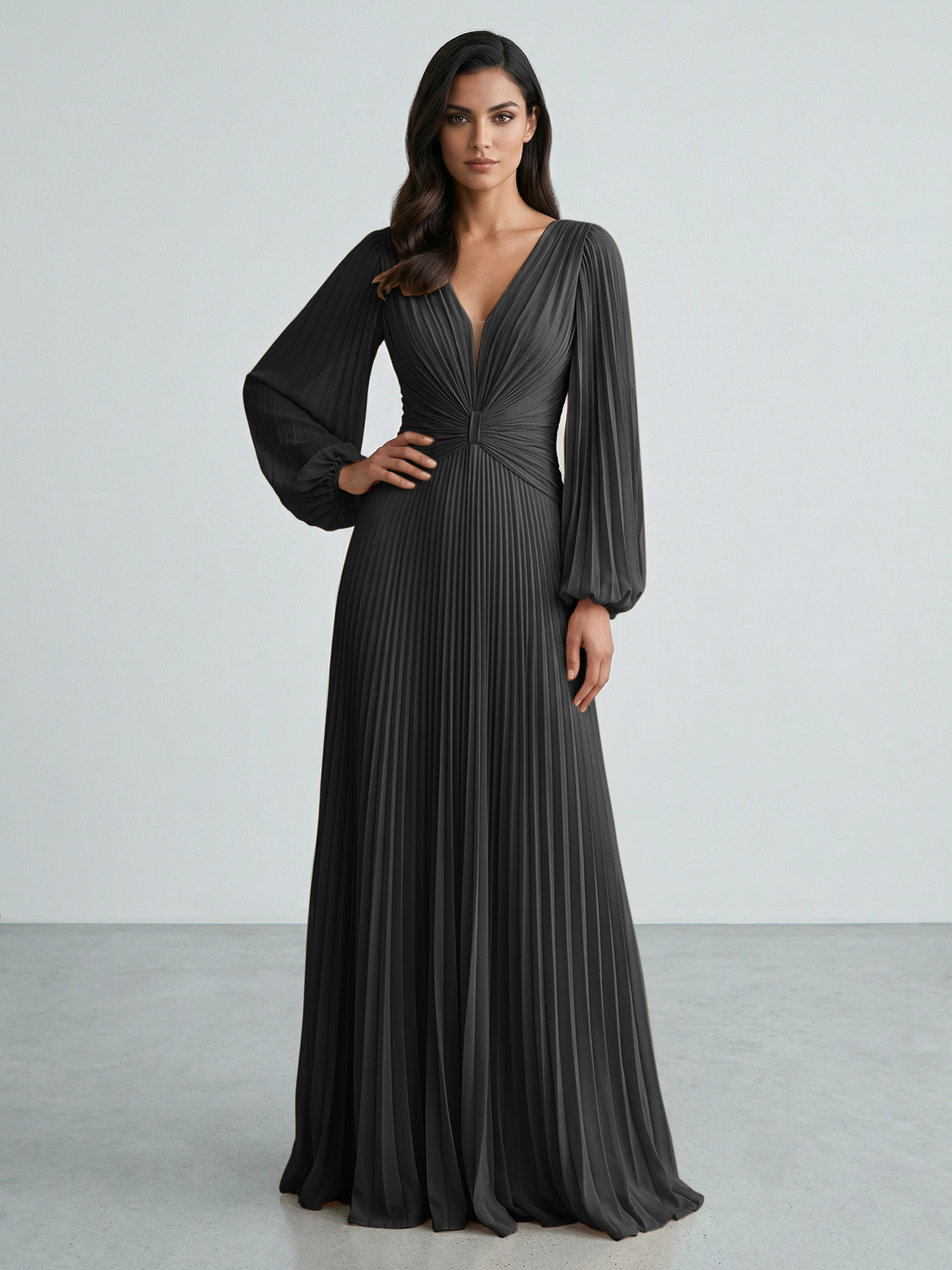 Slate Blue Plunging V-Neck Pleated Long Sleeve Maxi Dress Gown