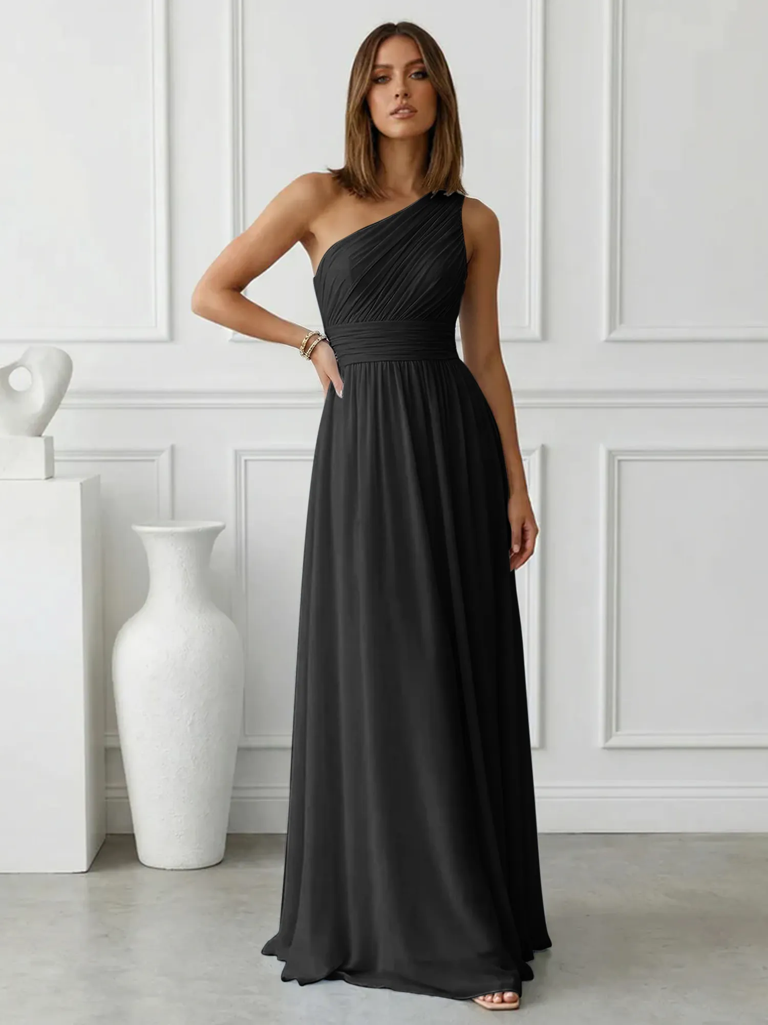 One-Shoulder Pleated Chiffon A-Line Evening Dress