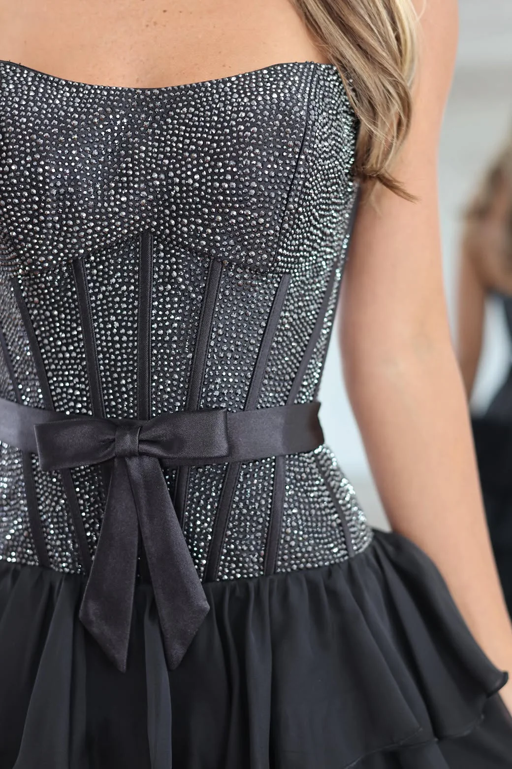 Midnight Black Rhinestone Corset Tiered Ruffle Homecoming Dress