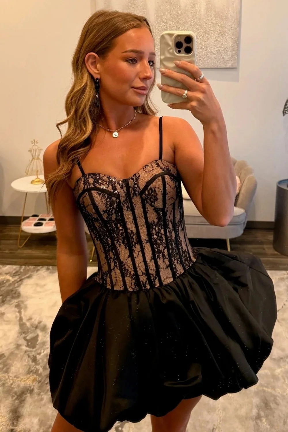 Luminous Black Lace Corset Bubble Hem Sweetheart Strapless A-Line Homecoming Dress 