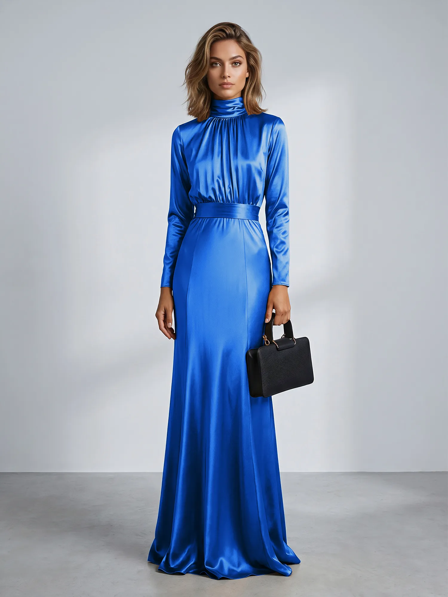High Neck Long Sleeve Satin Mermaid Evening Gown with Waist Sash