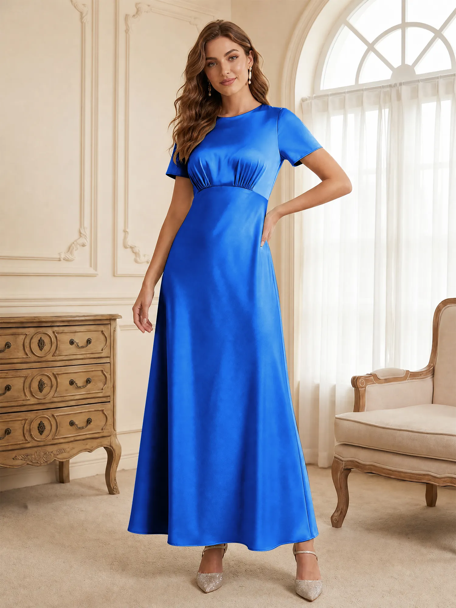 Round Neck Short Sleeve Satin Bridesmaid Dress