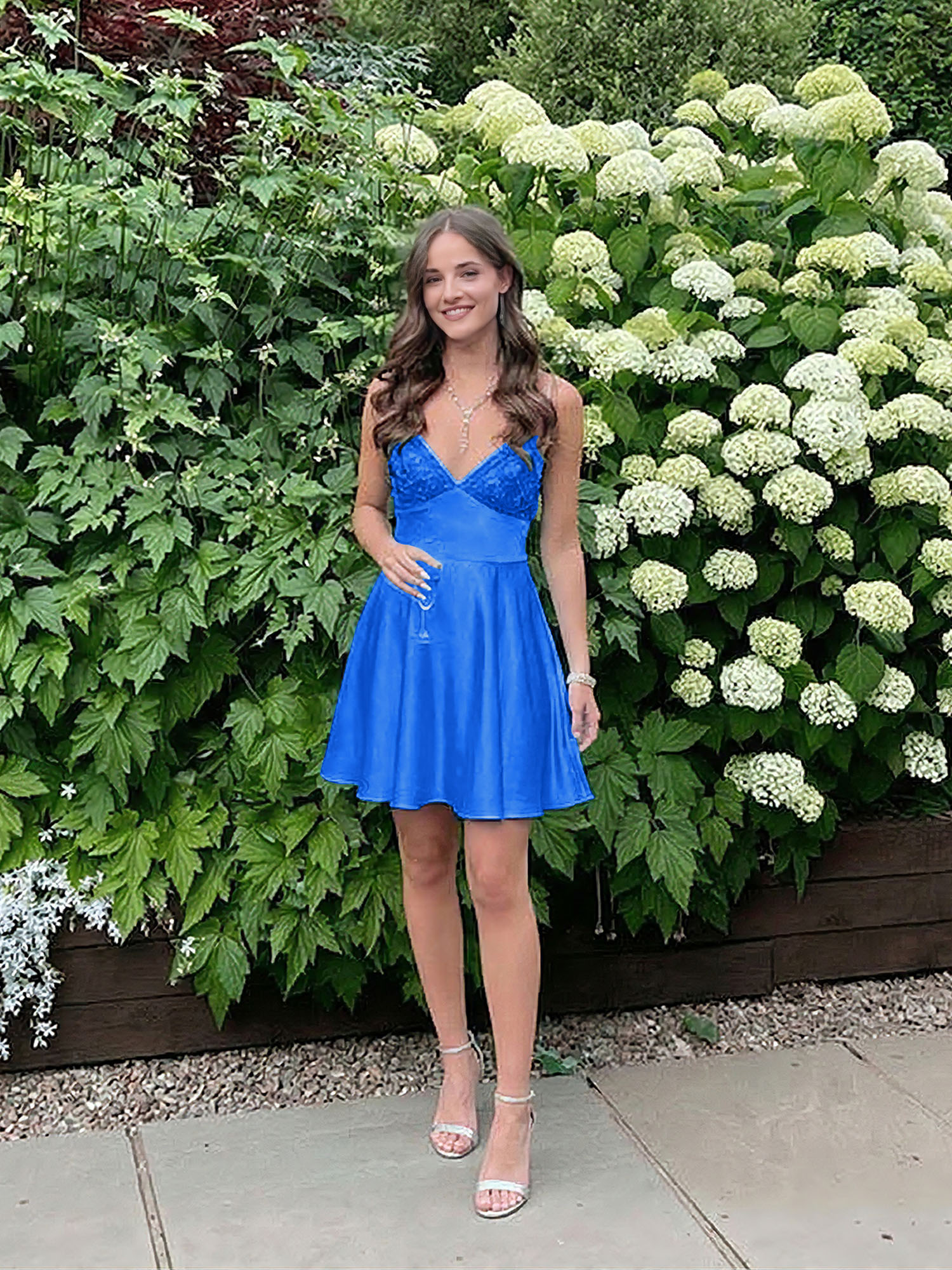 Blue A Line V-neck Beaded Back Tie Short Homecoming Mini Dress