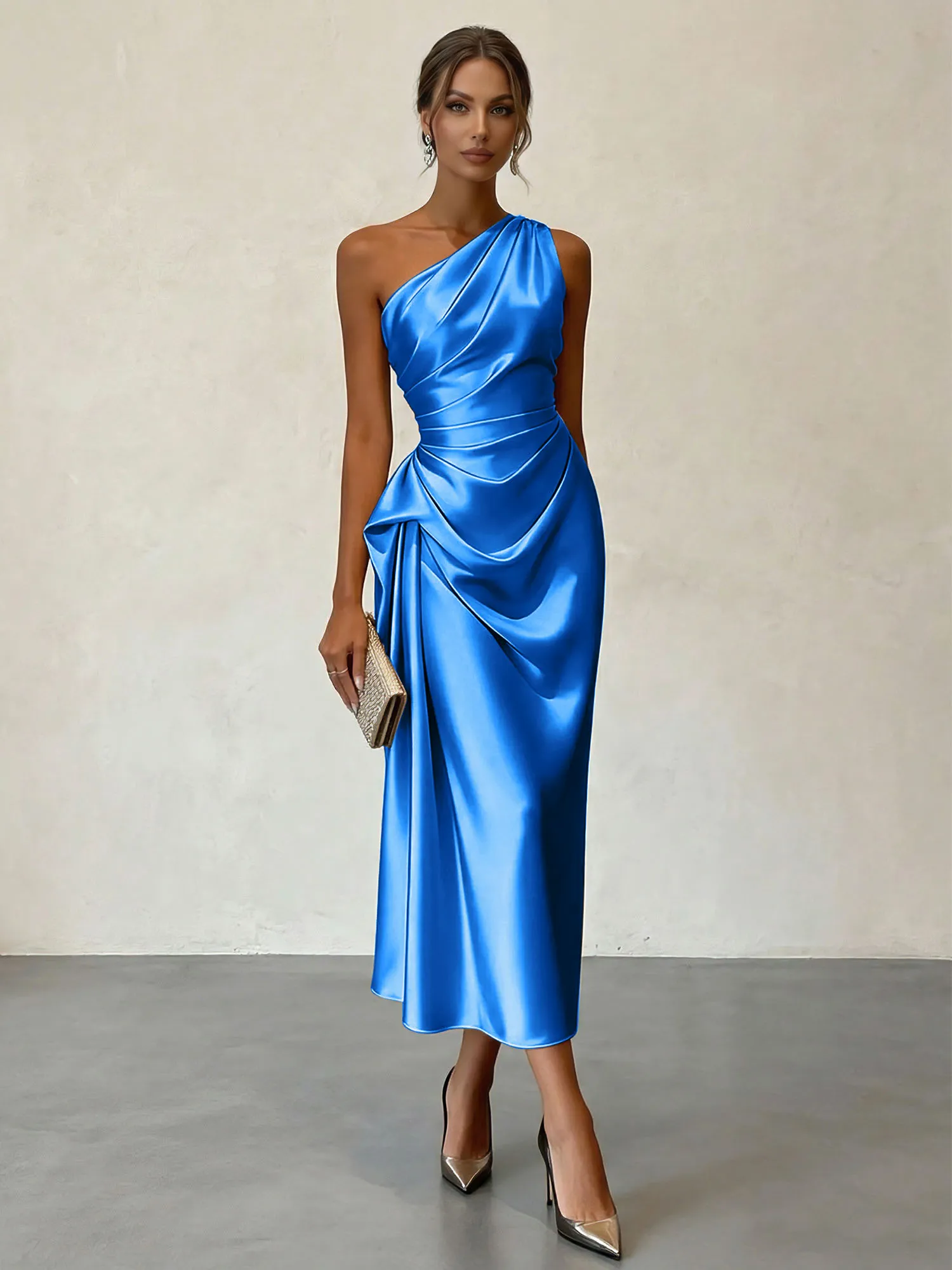 One-Shoulder Ruched Satin Midi Evening Dress with Draped Detail