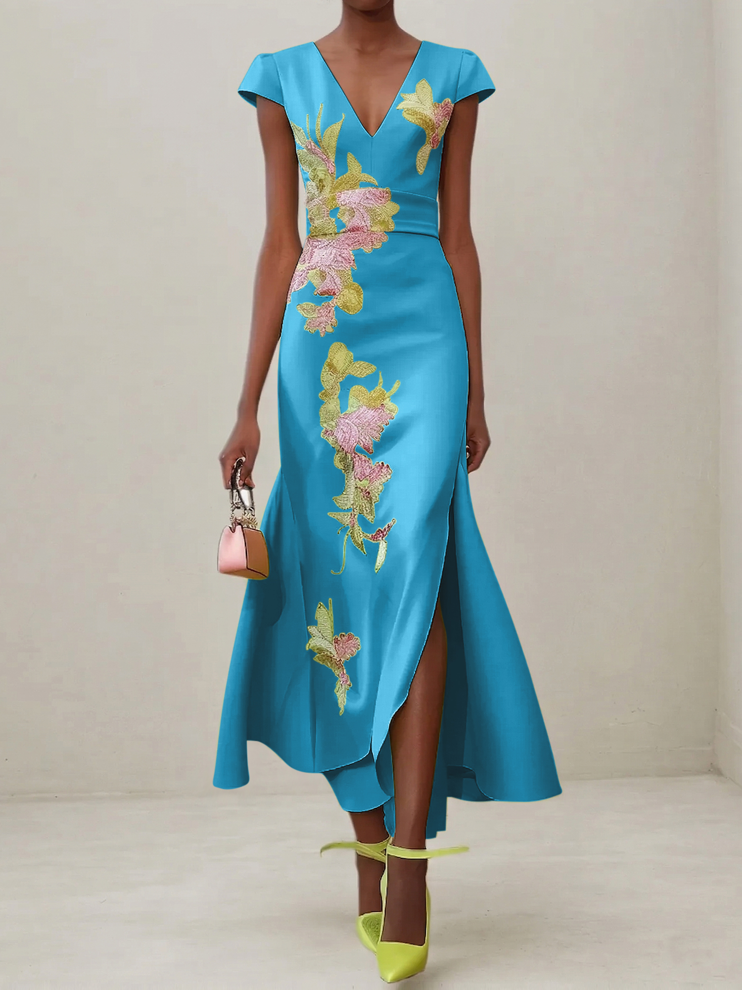 Elegant V-Neck Cap Sleeve Satin Midi Gown with Floral Embroidery & High Slit