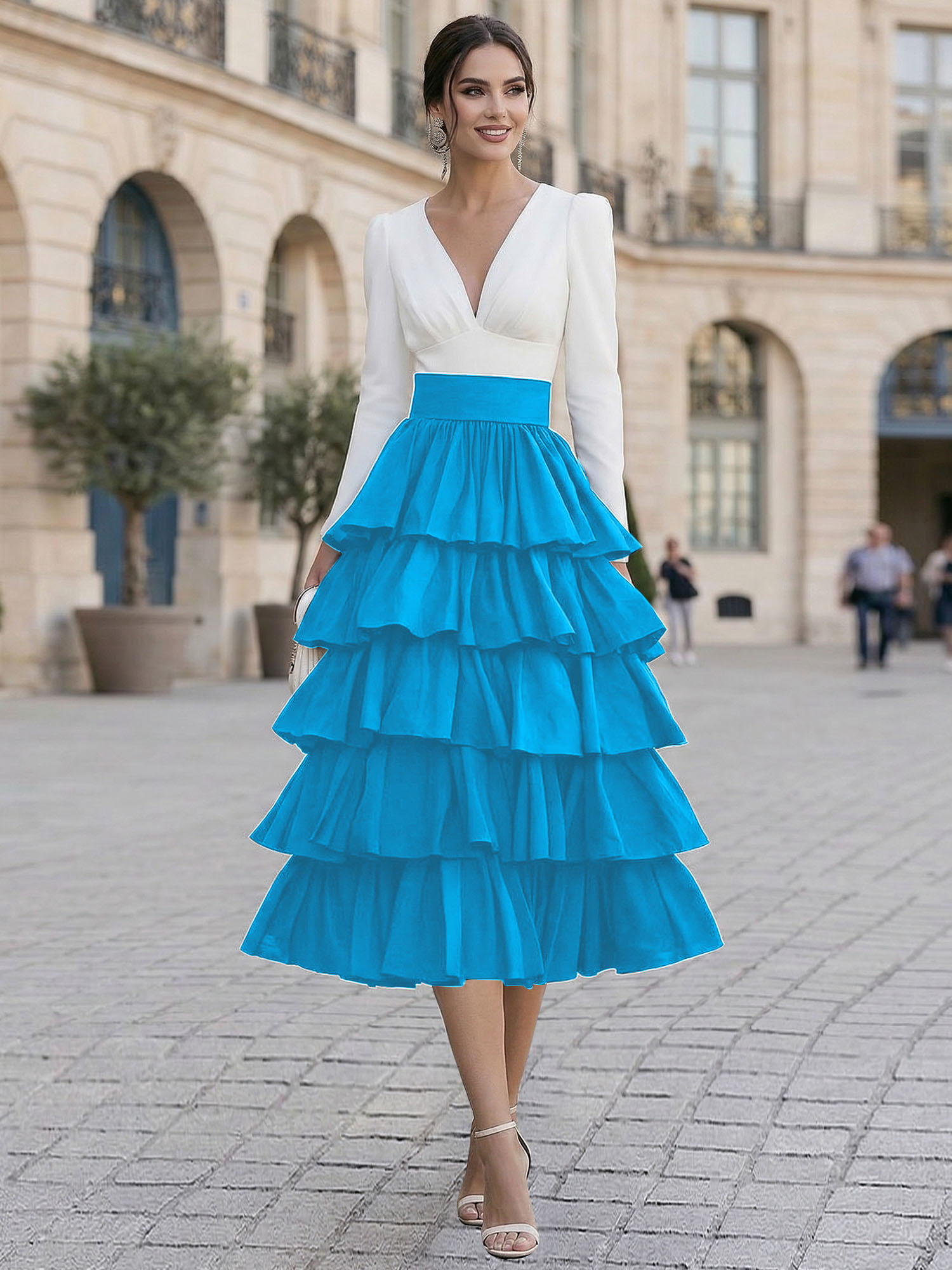 Elegant V-Neck Long Sleeve Tiered Ruffle Midi Dress with Contrast Waistband