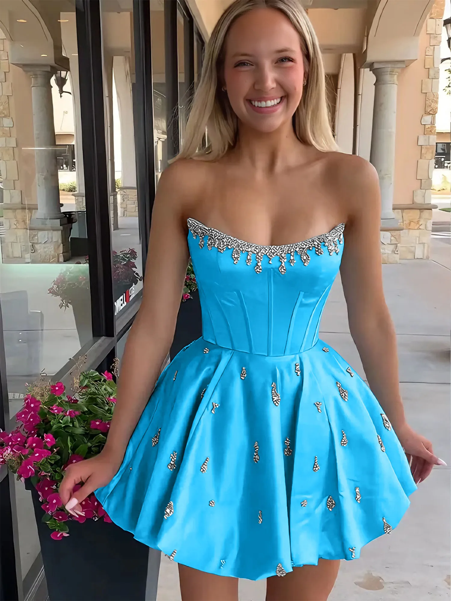 Strapless Beaded Corset Lace-Up Back Satin Homecoming Dress