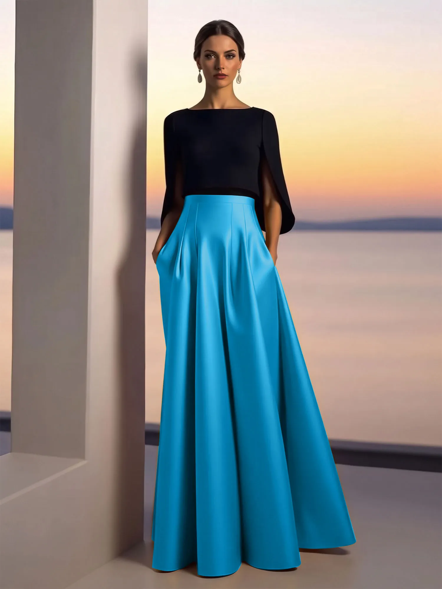 Two-Piece Cape Sleeve Satin Ball Gown Evening Dress