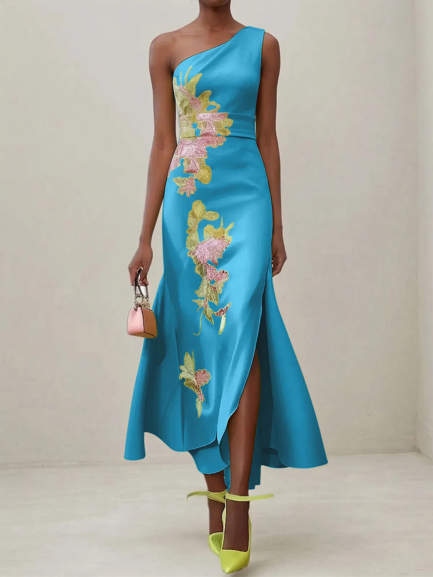 Elegant One Shoulder Cap Sleeve Satin Midi Gown with Floral Embroidery & High Slit