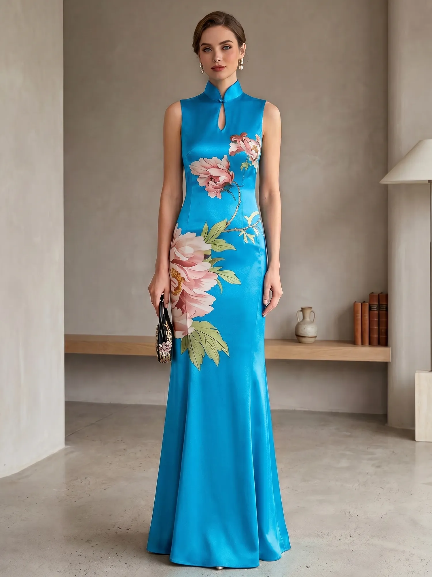 Satin Qipao-Inspired Floral Mermaid Evening Gown