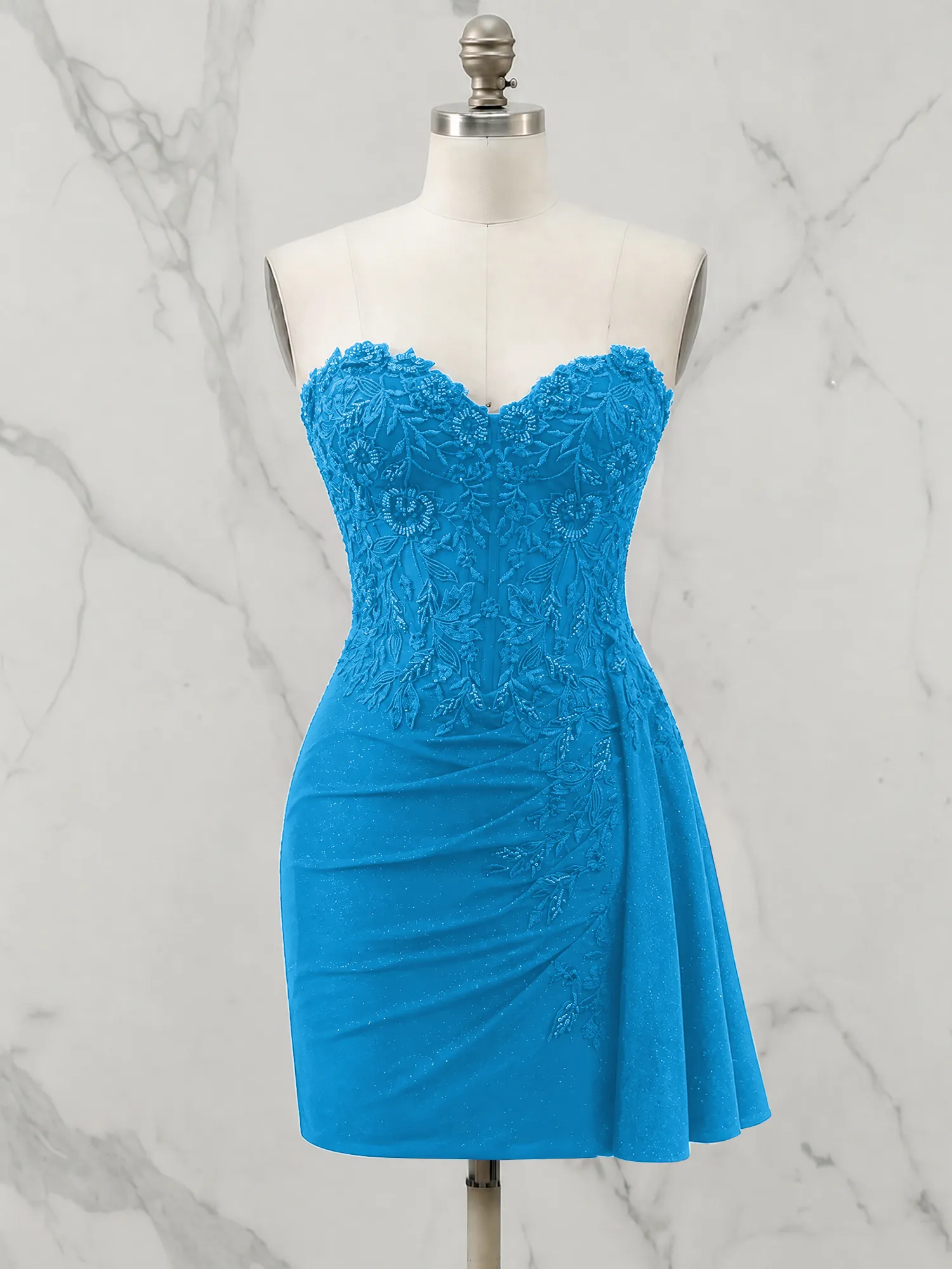 Strapless Lace Appliqué Glitter Homecoming Dress with Side Drape