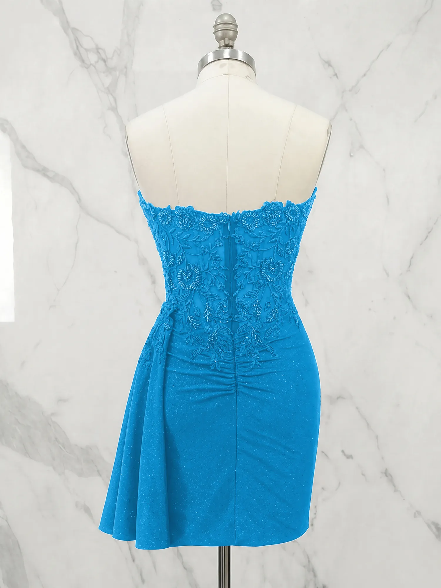 Strapless Lace Appliqué Glitter Homecoming Dress with Side Drape
