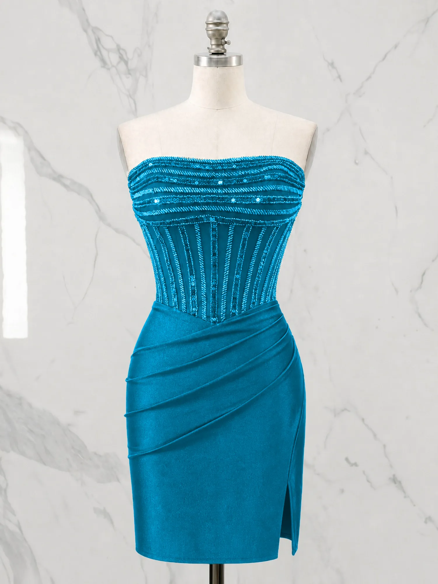 Strapless Beaded Corset Homecoming Dress with Ruched Skirt