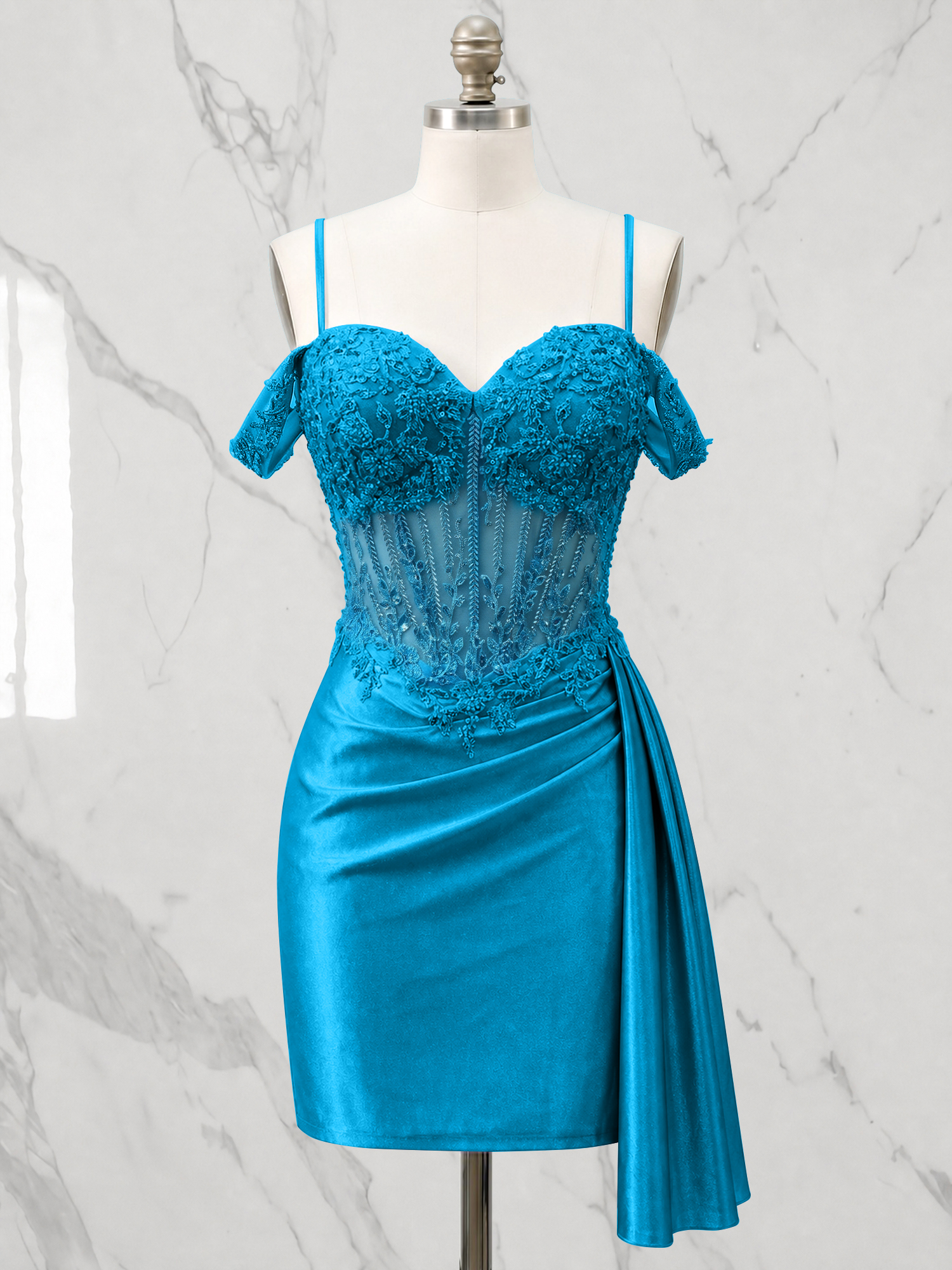 Off-the-Shoulder Lace Corset Homecoming Dress with Side Drape