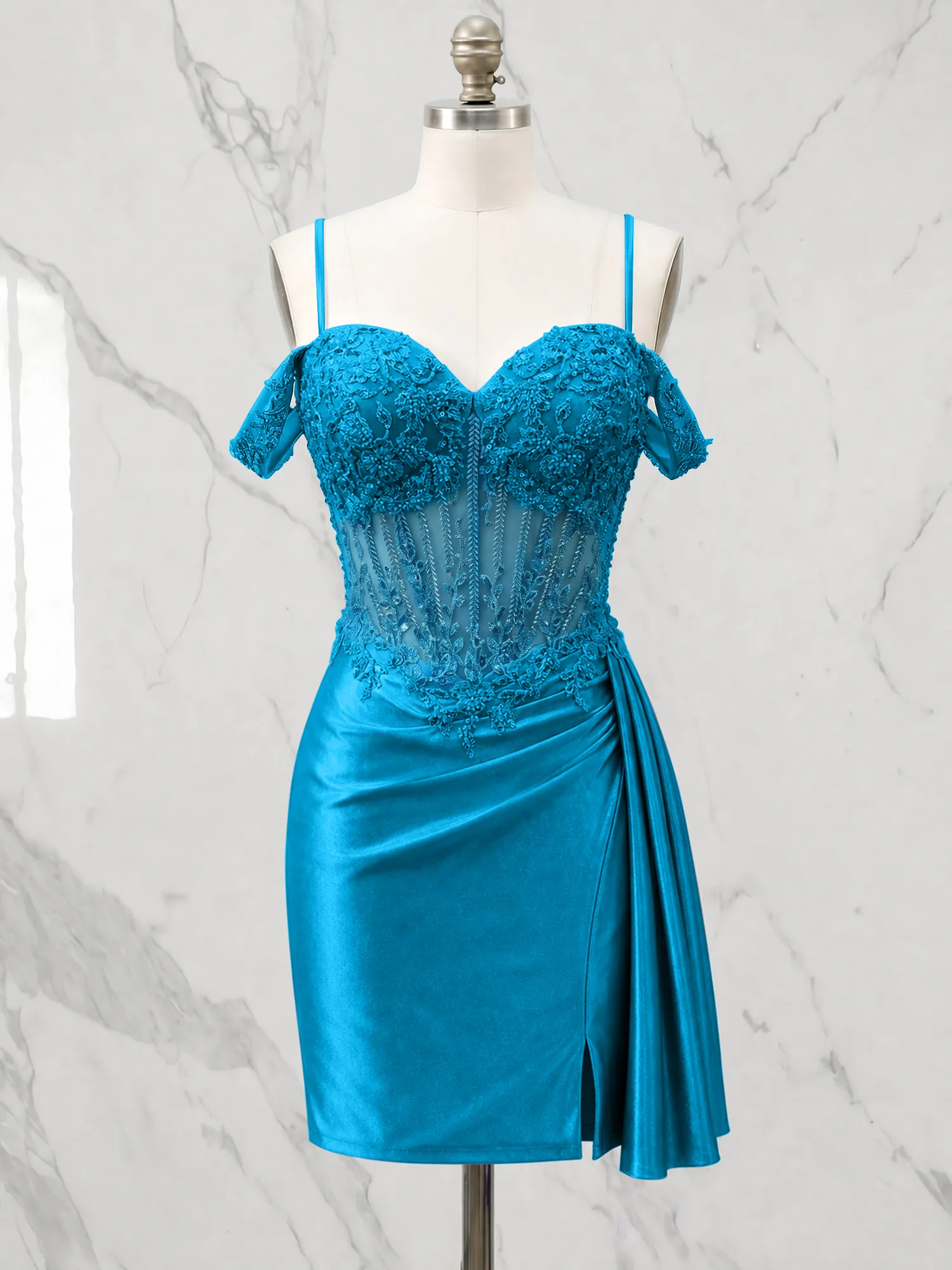 Off-the-Shoulder Lace Corset Homecoming Dress with Draped Skirt