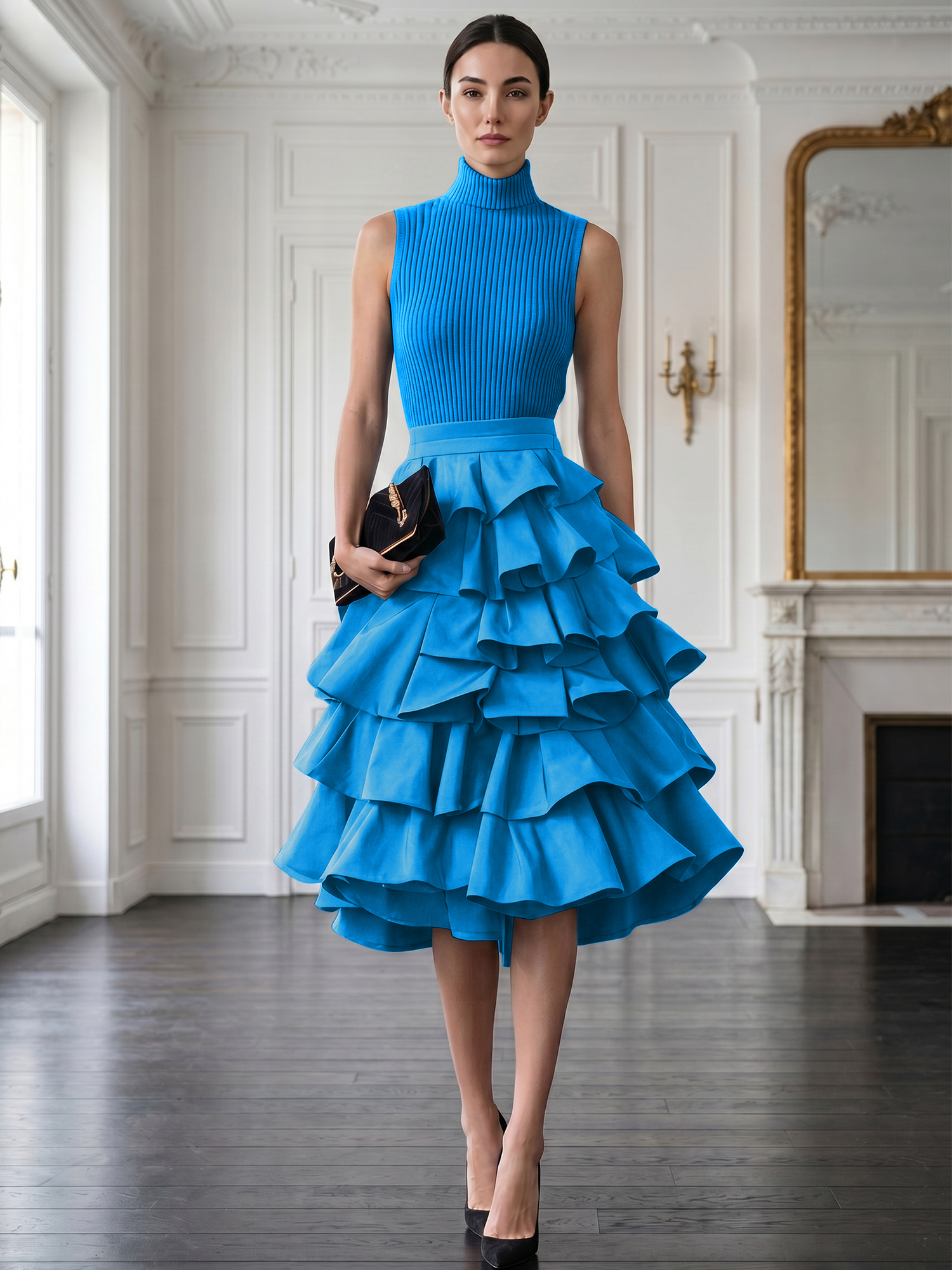 Avant-Garde Black High-Neck Tiered Ruffled Evening Gown