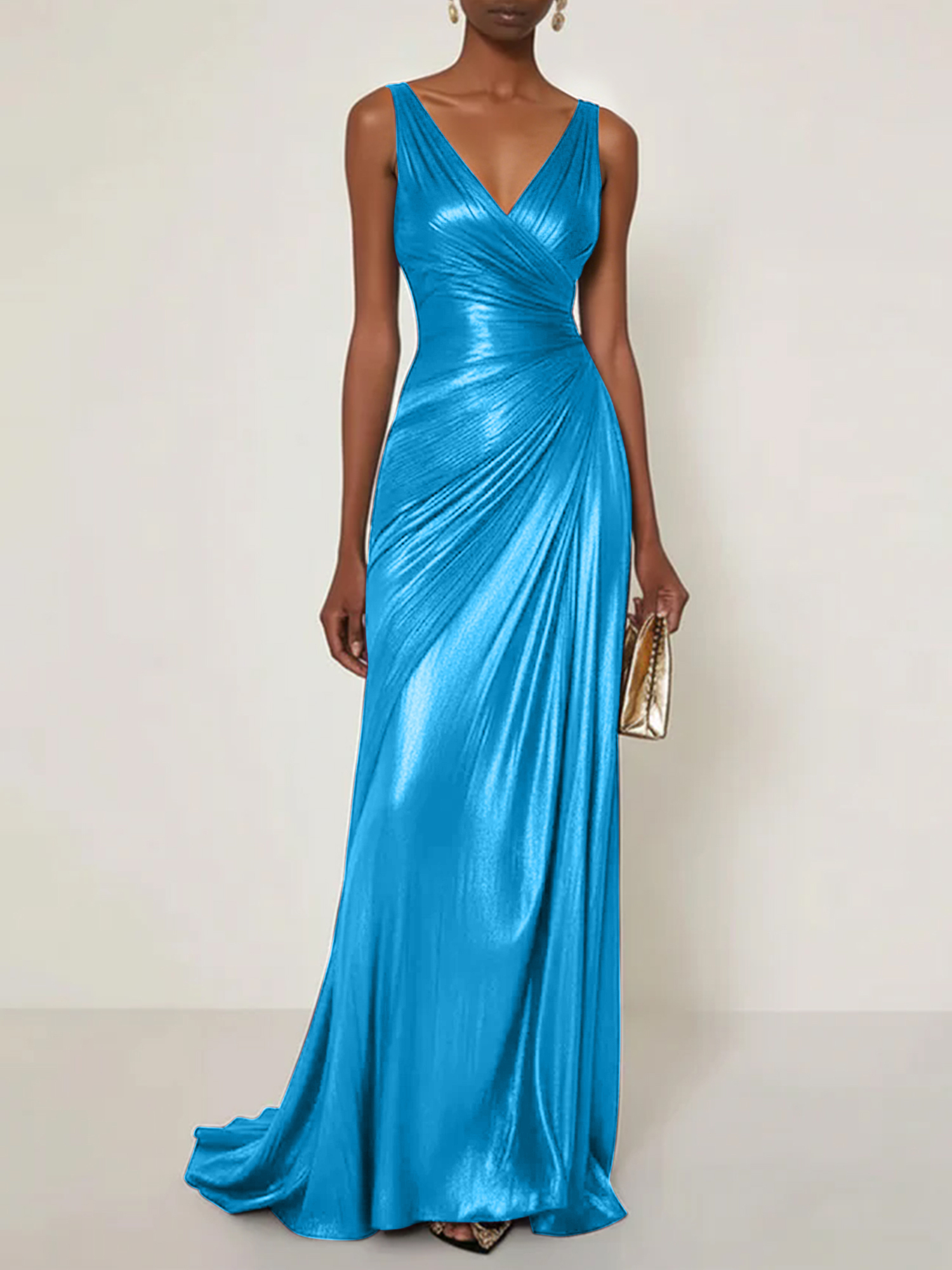 Evening Formal Dress V Neck Silk Ruffles Maxi Dress Gown