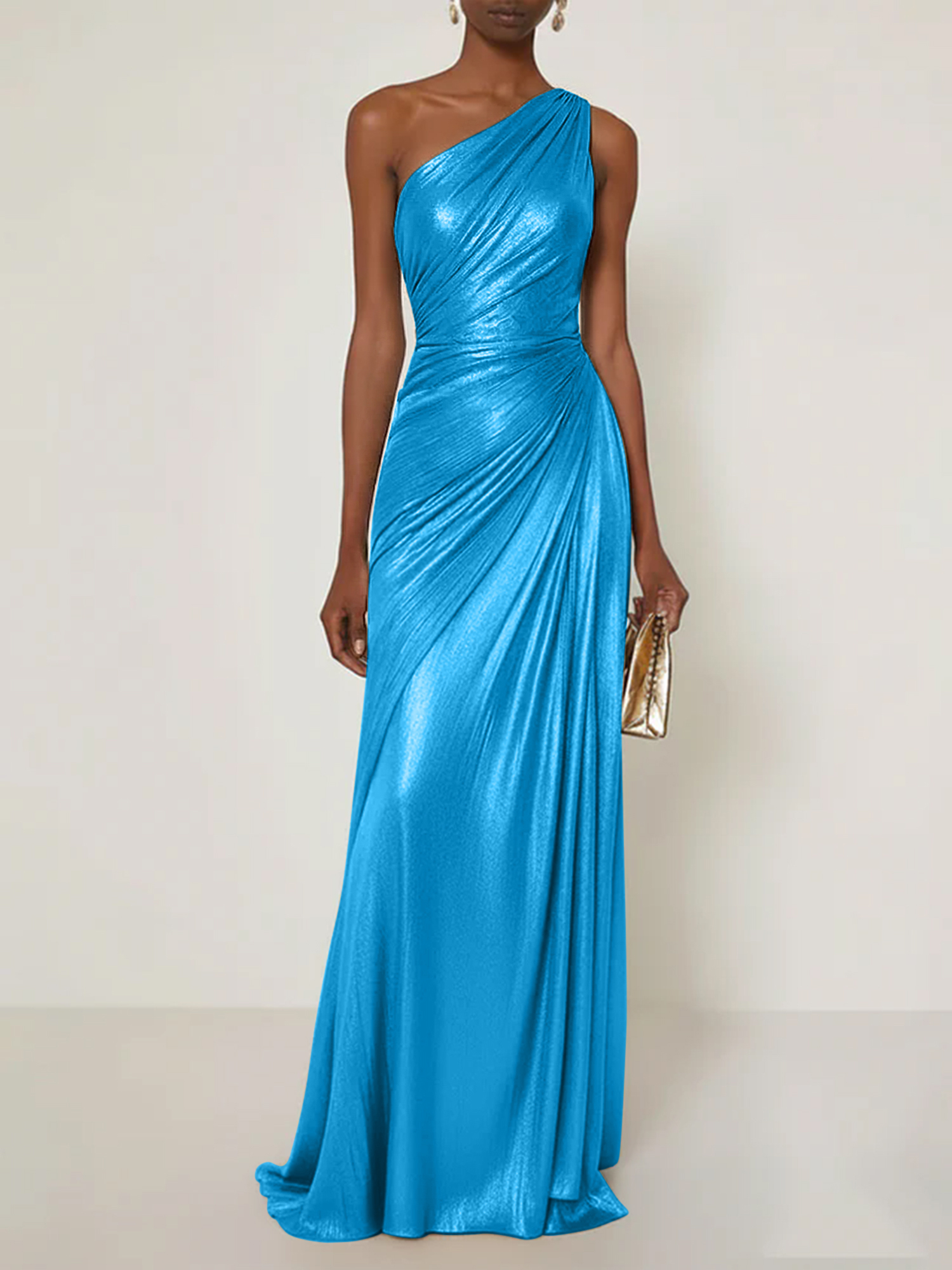 Evening Formal Dress V Neck One Shoulder Silk Ruffles Maxi Dress