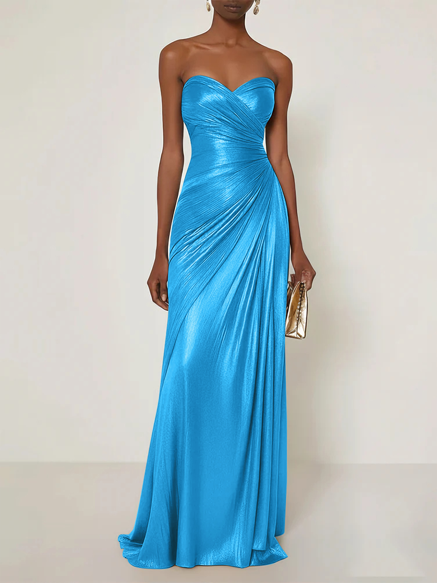 Evening Formal Dress V Neck Silk Ruffles Strapless Maxi Dress