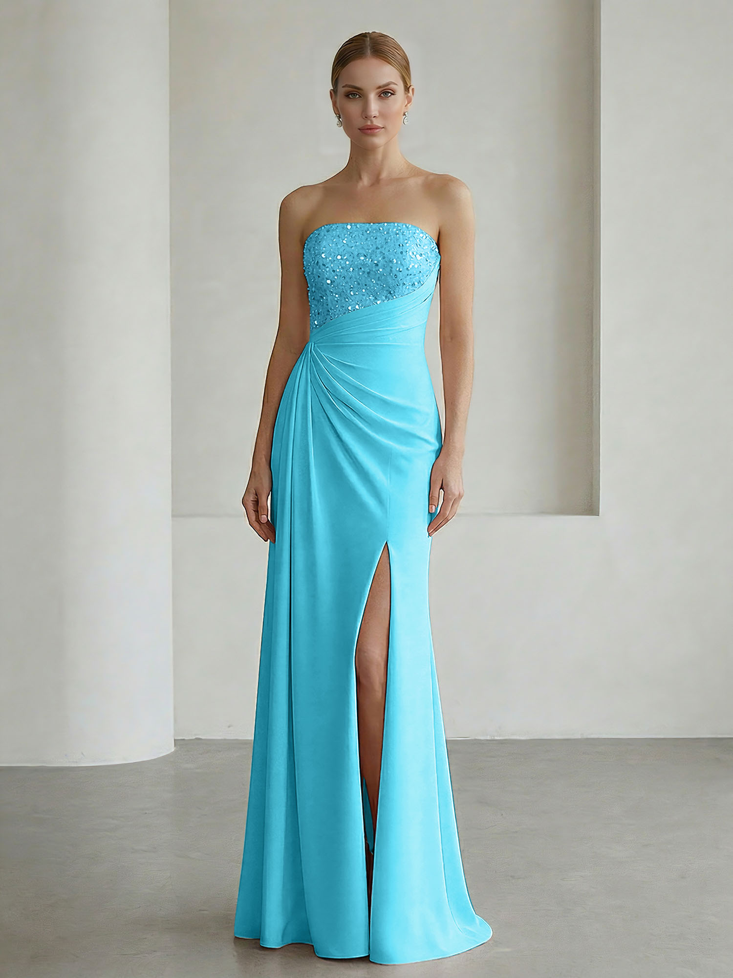 Glamorous Formal Evening Dress Soft Blush Beaded Strapless Slit Gown