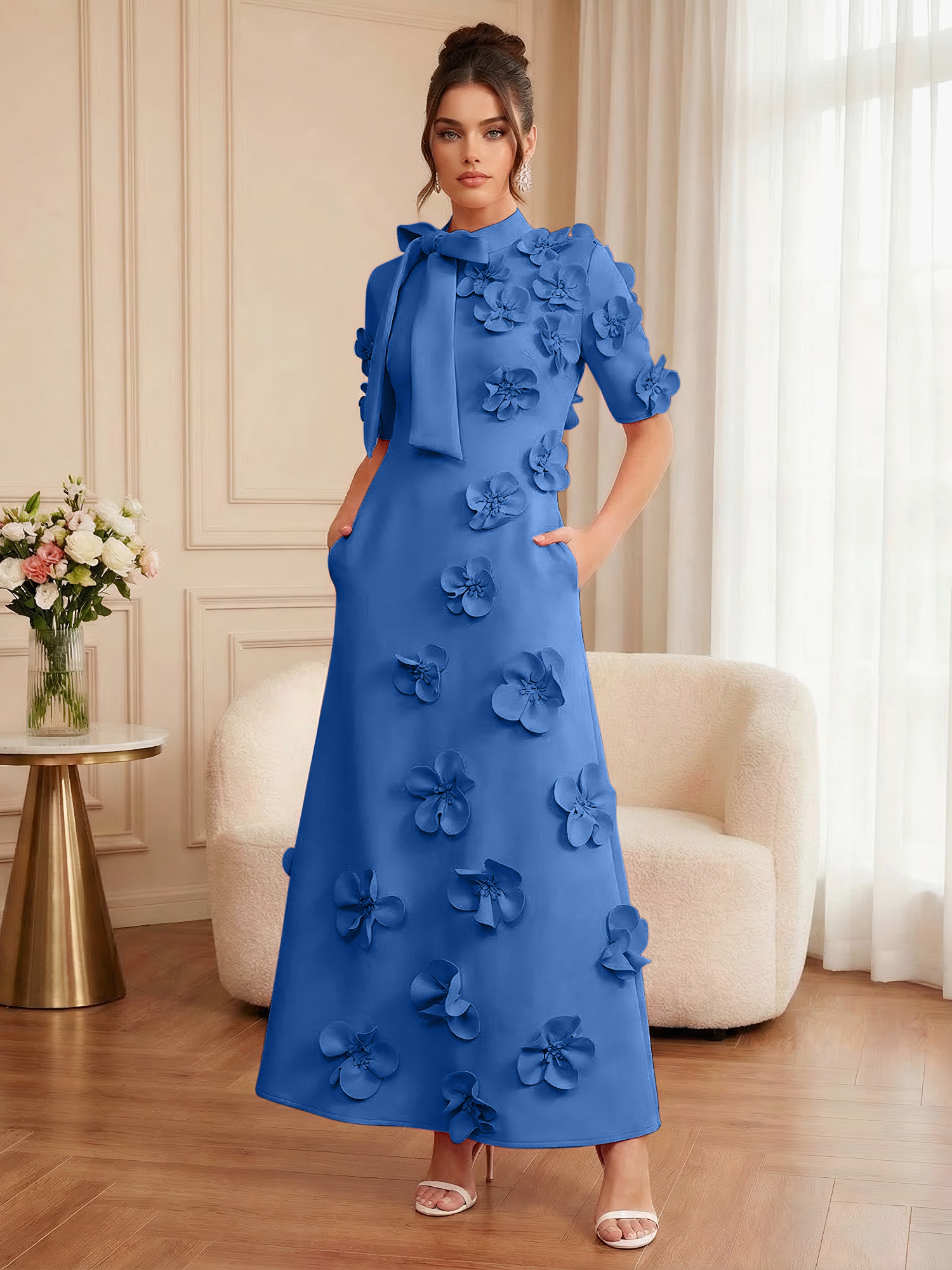 Pink Short Sleeve 3D Floral Maxi Dress Gown