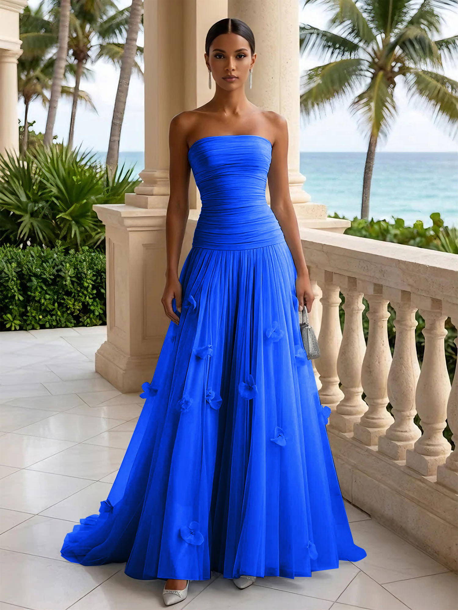 Light Blue Evening Dress with 3D Flower Strapless Pleat Maxi Dress