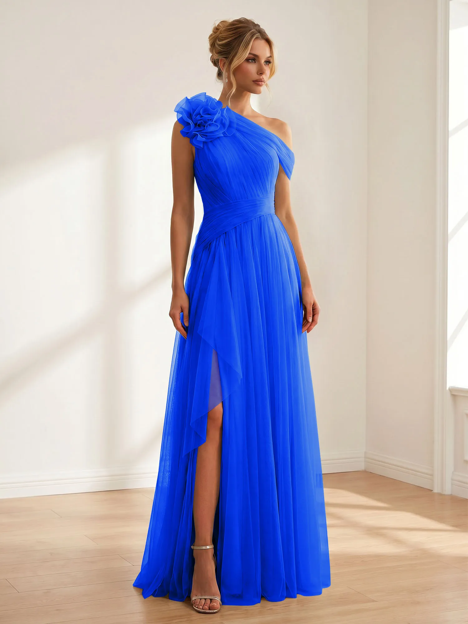 One-Shoulder Tulle Evening Gown with Floral Accent