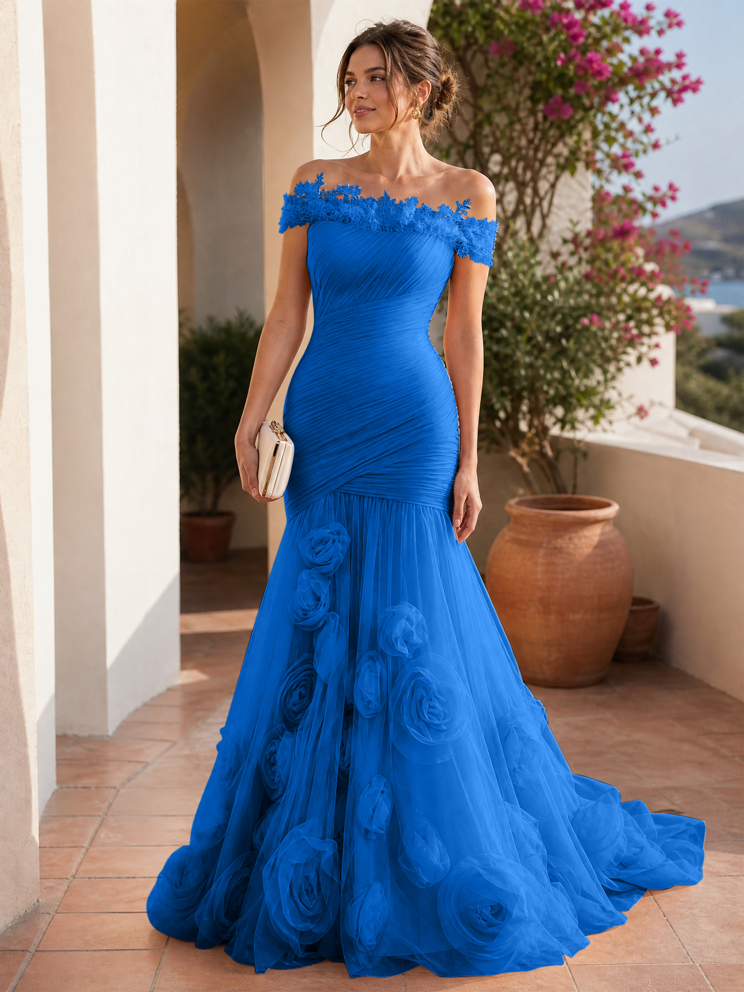 Romantic Blushing Rose Off-the-Shoulder Mermaid Formal Evening Dress 