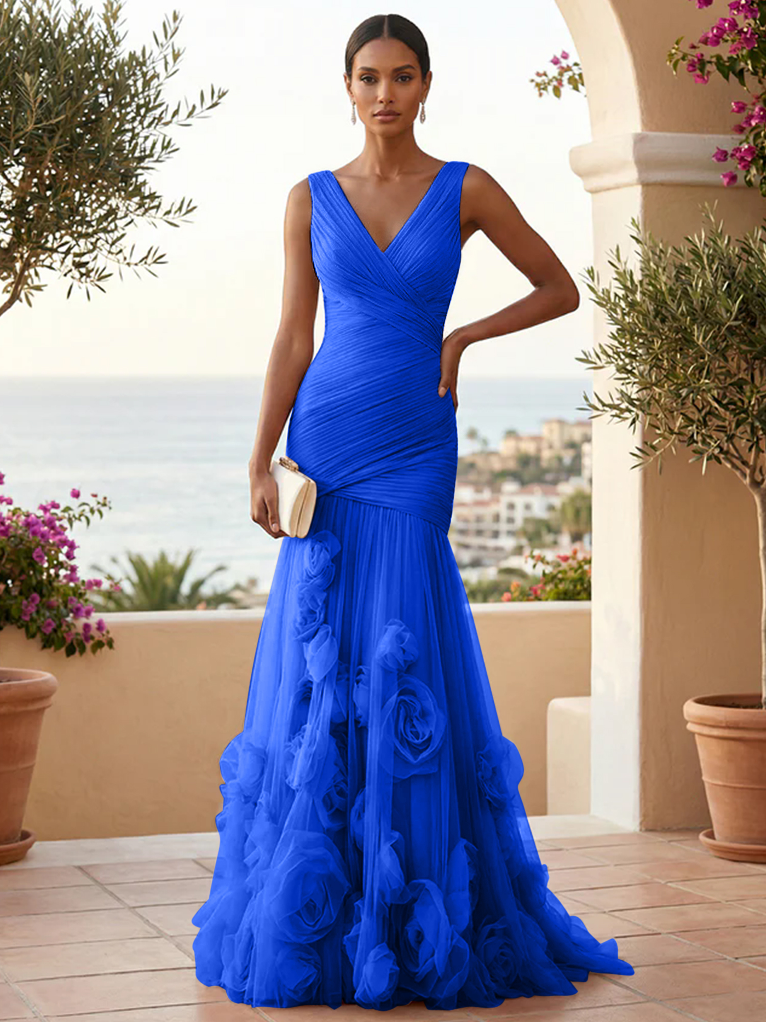 Sweetheart Tulle V Neck Pleat Mermaid Evening Dresses with 3D Flower